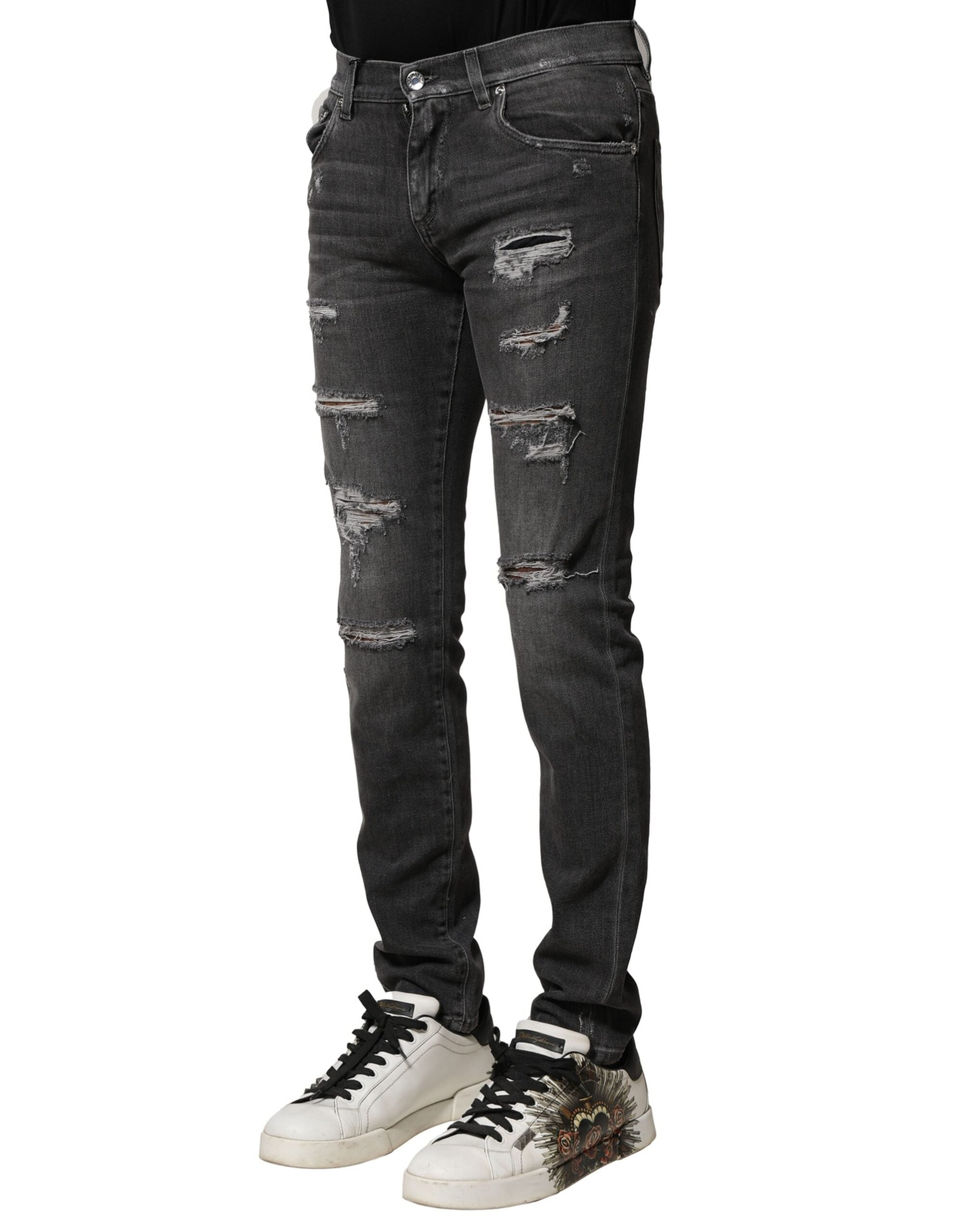 Dolce & Gabbana Schwarze gewaschene zerfledderte Slim Fit Denim Jeans