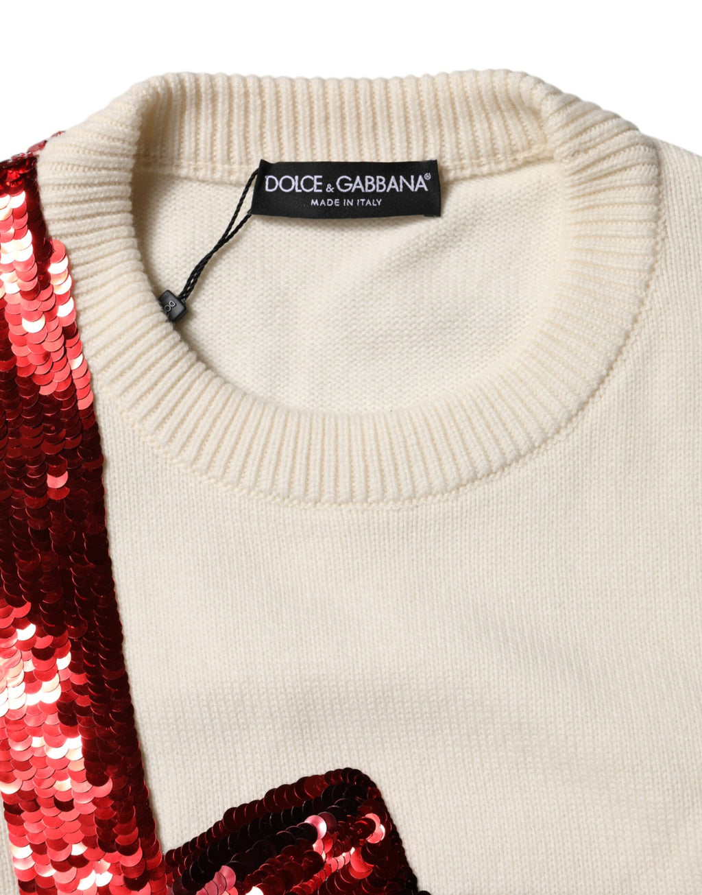 Dolce & Gabbana Weißer paillettenbesetzter Pullover mit Rundhalsausschnitt