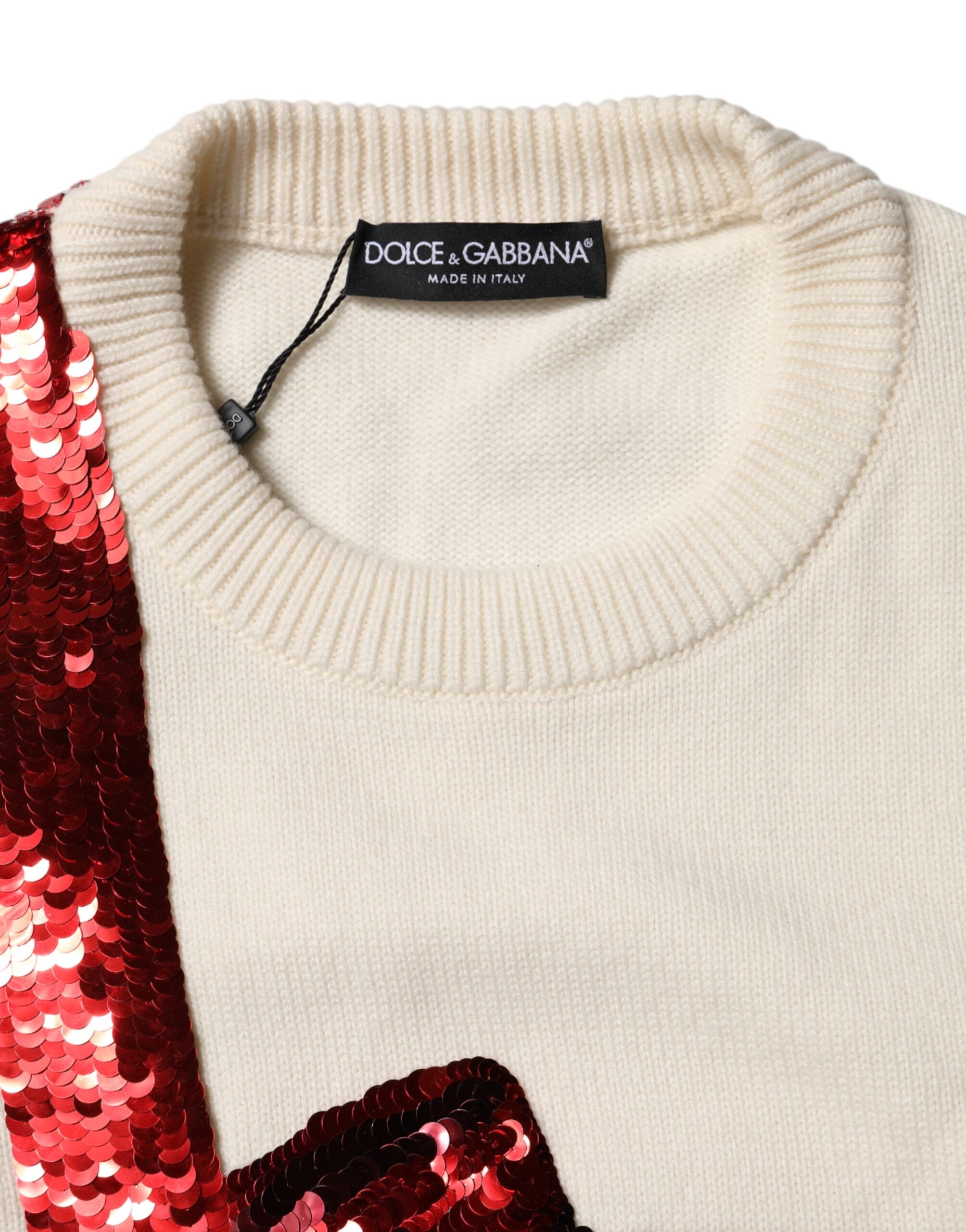 Dolce & Gabbana Weißer paillettenbesetzter Pullover mit Rundhalsausschnitt