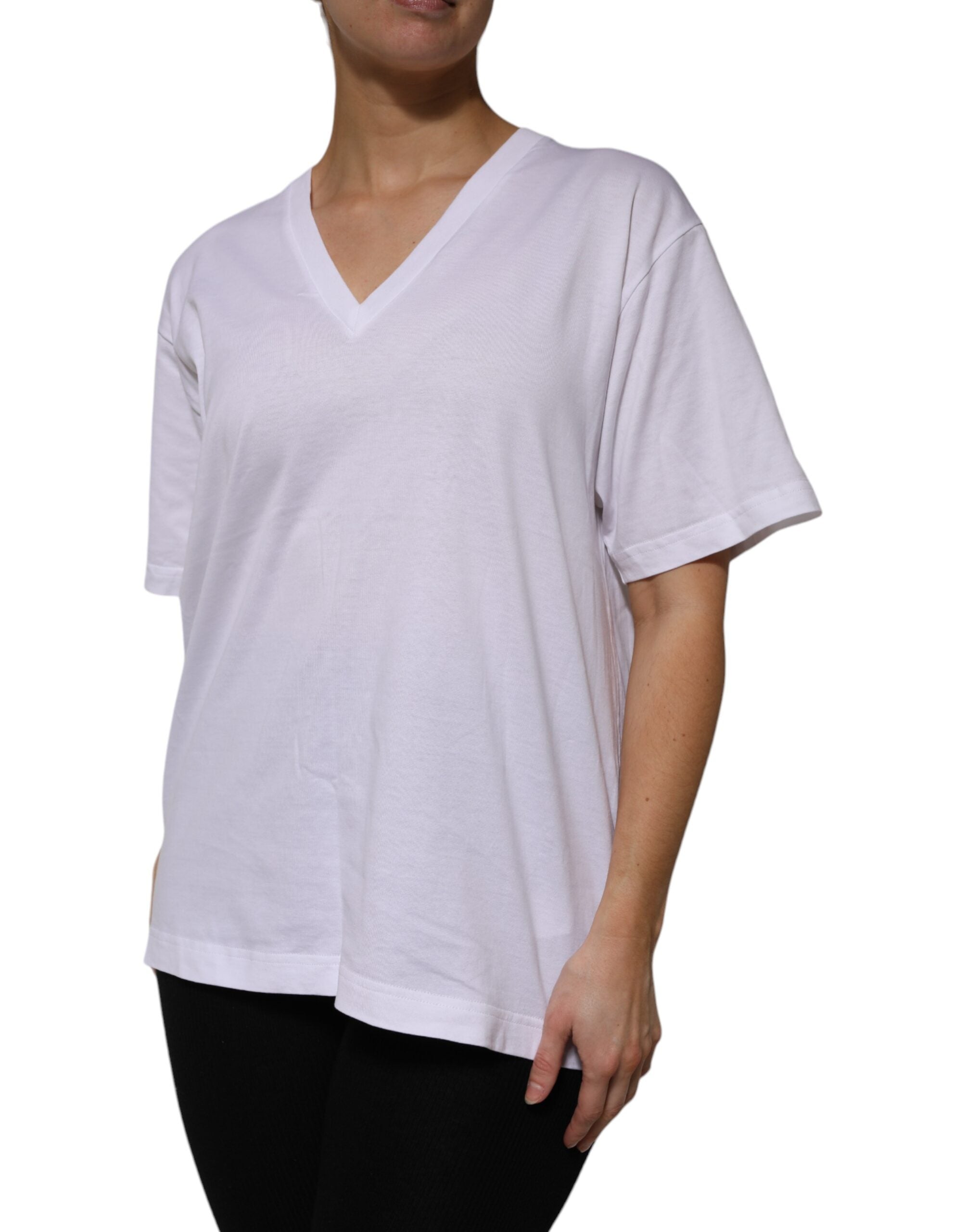 Dolce & Gabbana Weißes Baumwoll-T-Shirt mit kurzen Ärmeln und V-Ausschnitt