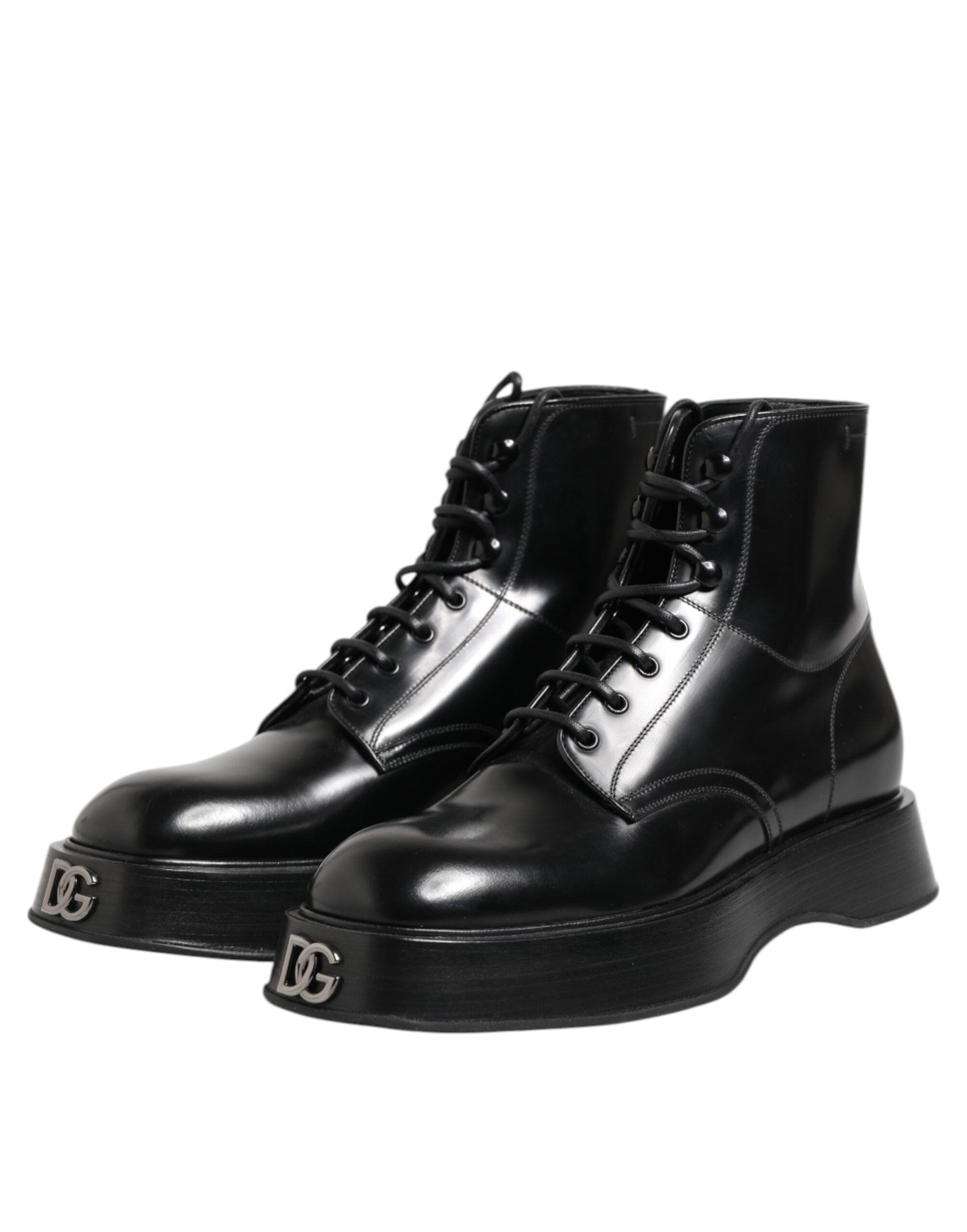 Dolce & Gabbana Schwarze Leder Logo-Stiefeletten Schnürschuhe