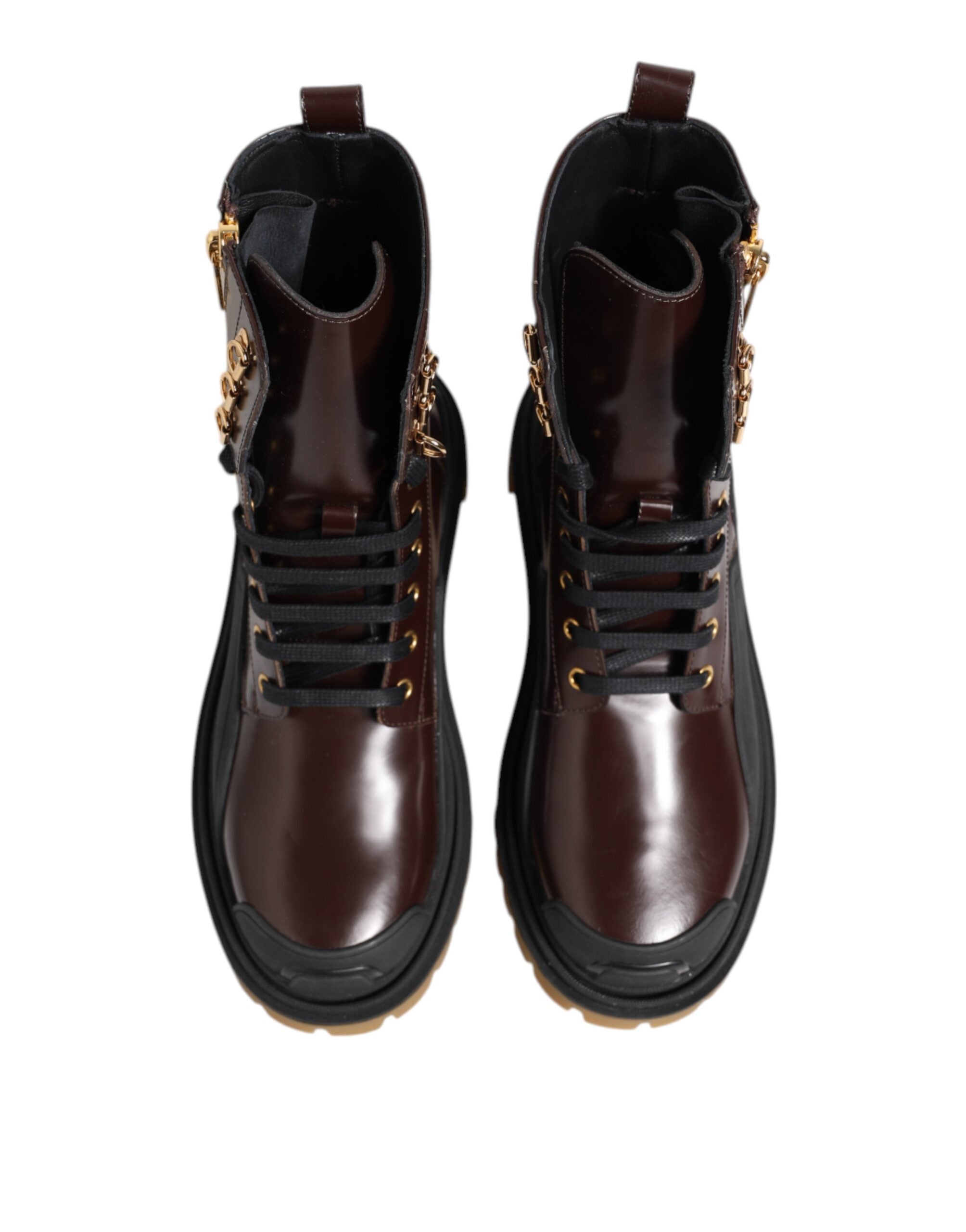 Dolce & Gabbana Braun Schwarz Leder Stiefel Reißverschluss Schnürschuhe