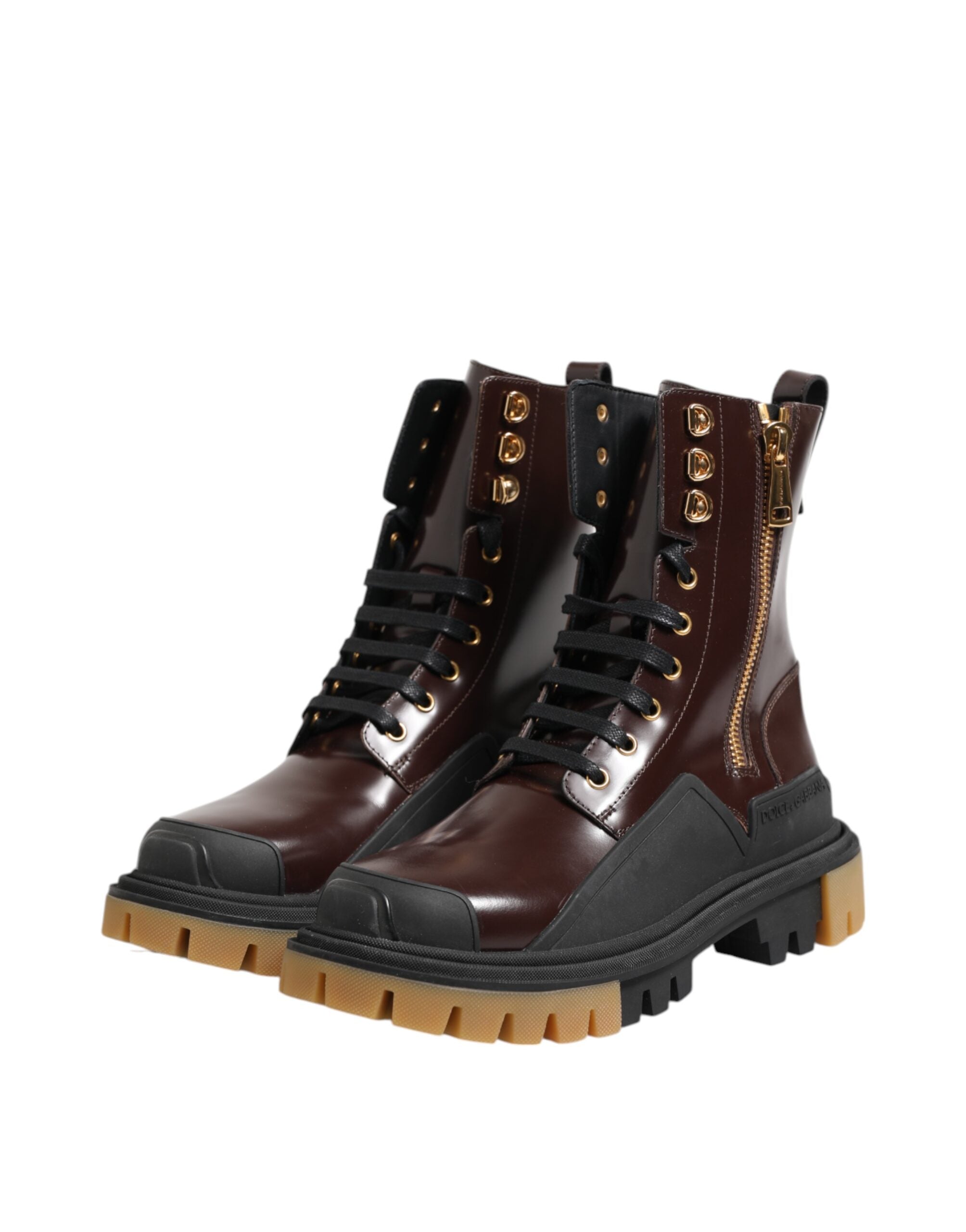 Dolce & Gabbana Braun Schwarz Leder Stiefel Reißverschluss Schnürschuhe