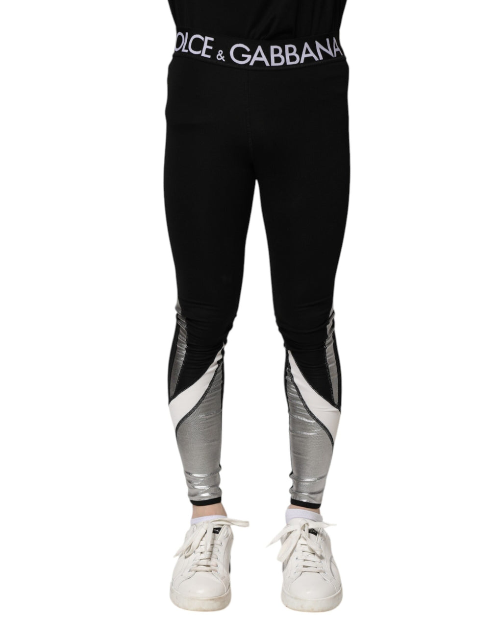 Dolce & Gabbana Schwarz Silber Nylon Skinny Männer Leggings Hosen
