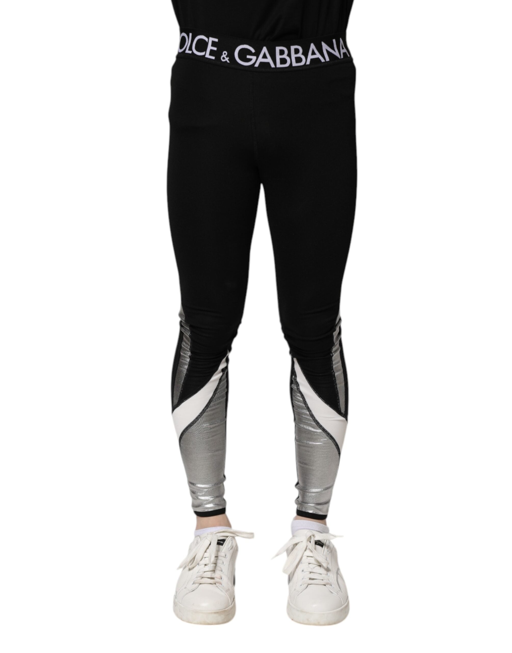 Dolce & Gabbana Schwarz Silber Nylon Skinny Männer Leggings Hosen