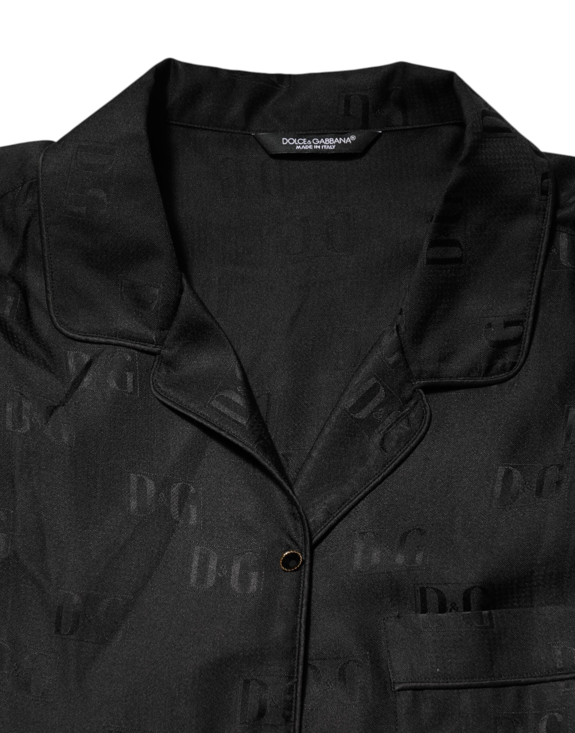 Dolce & Gabbana Schwarzes Seiden-DG besticktes langärmeliges Top