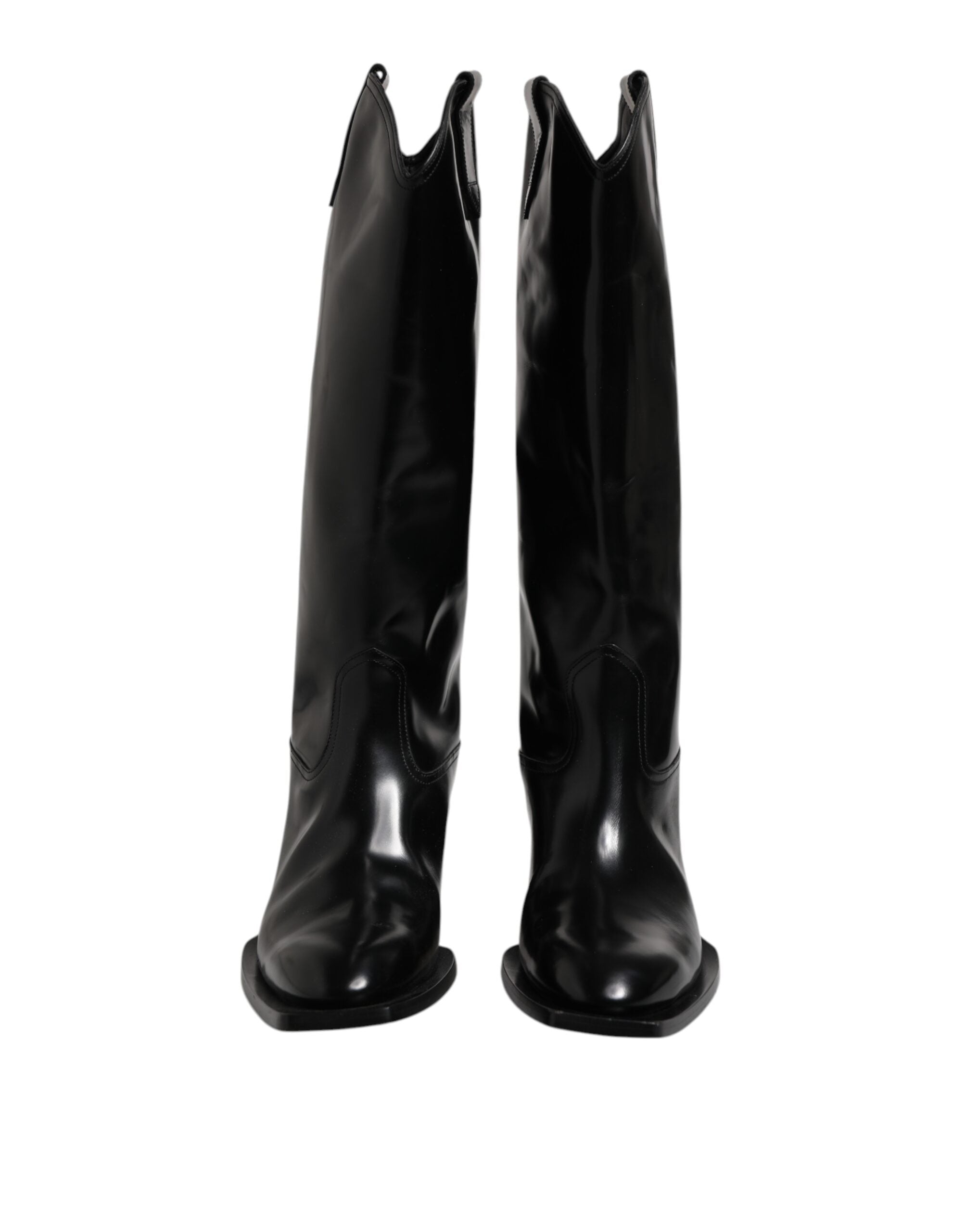 Dolce & Gabbana Schwarze Kalbsleder Logo Hohe Stiefel Schuhe