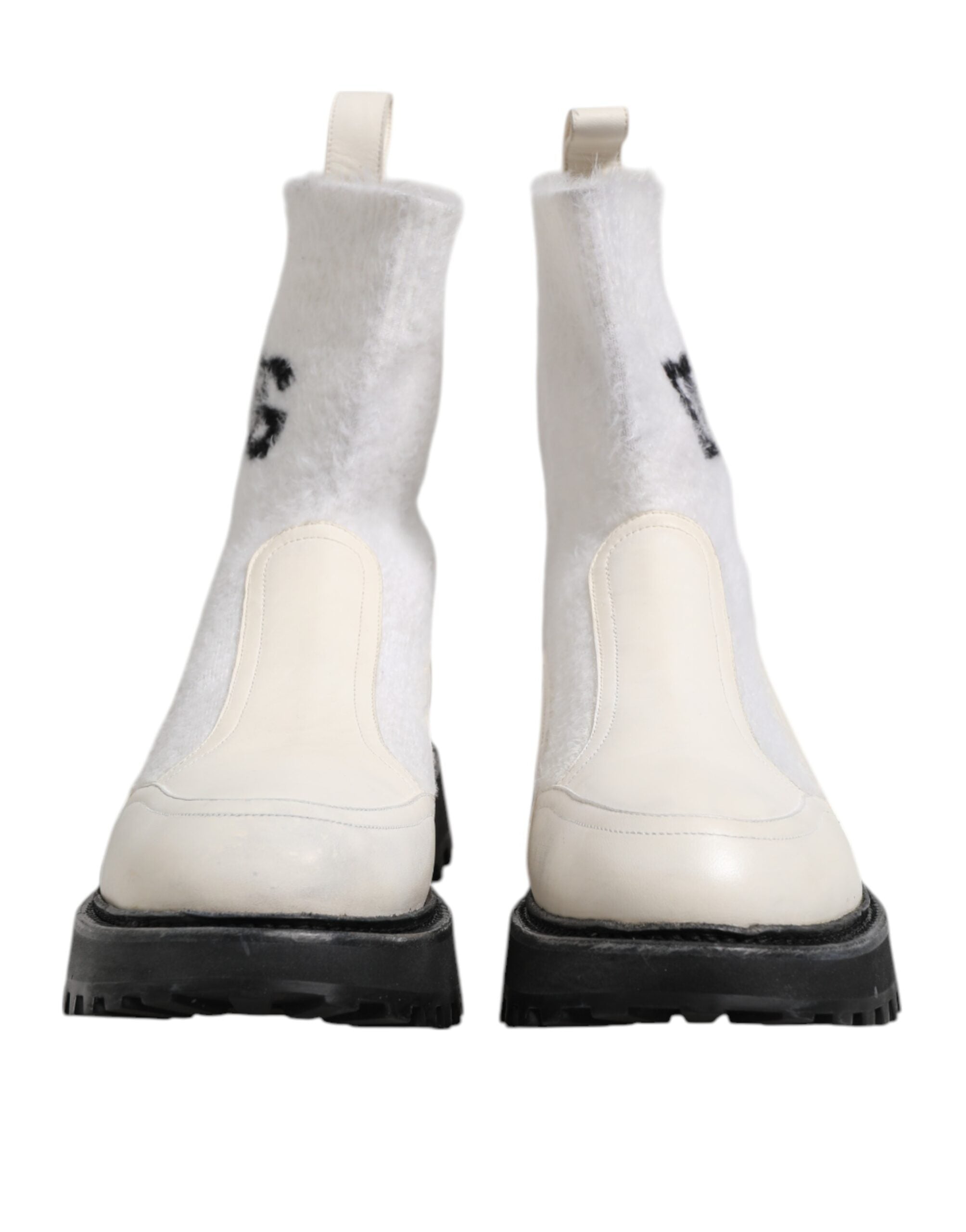 Dolce & Gabbana Weiß Beige DG Logo Mid Calf Stiefel Schuhe