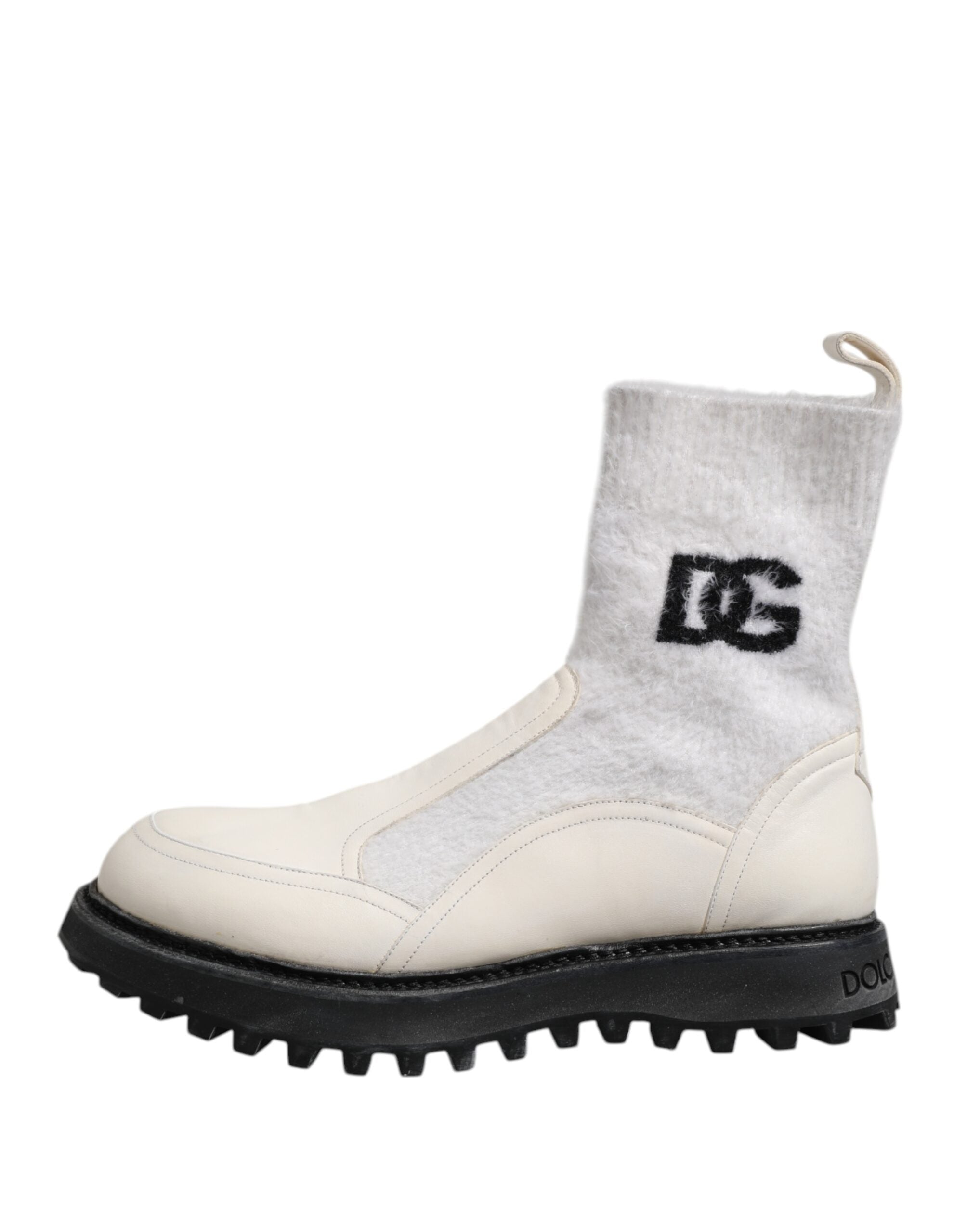 Dolce & Gabbana Weiß Beige DG Logo Mid Calf Stiefel Schuhe