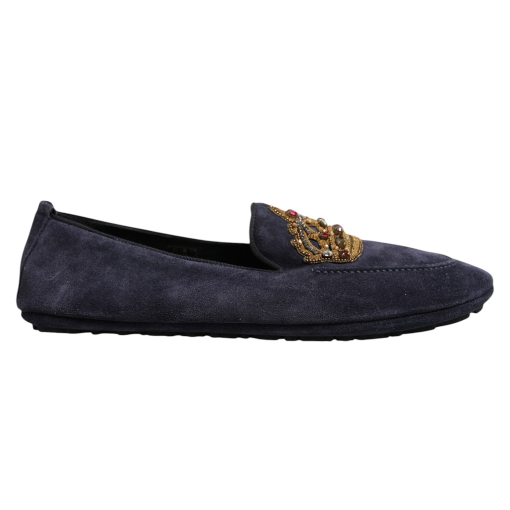 Dolce & Gabbana Blue Suede Crown Crystal Loafers Dress Shoes