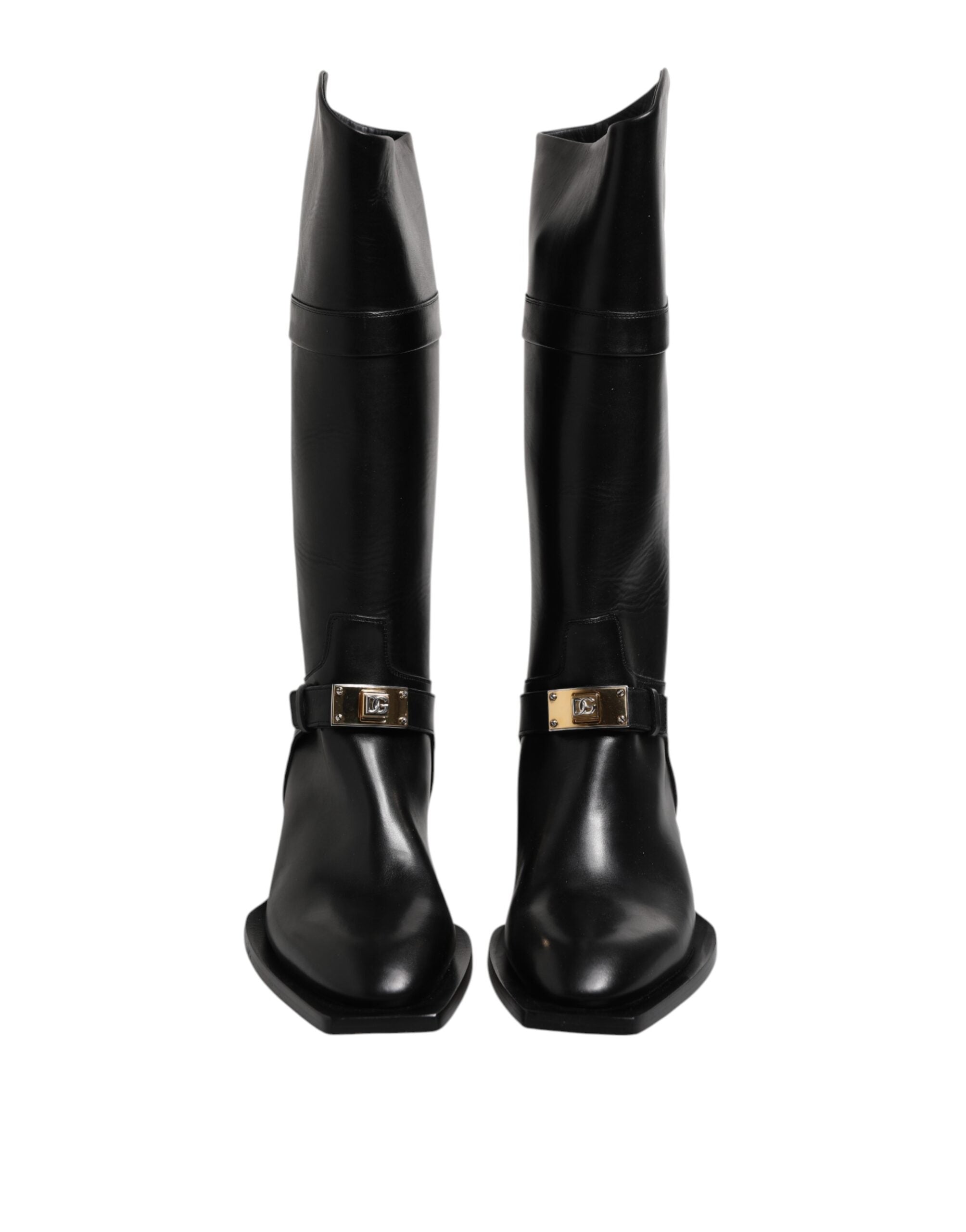 Dolce & Gabbana Schwarz Leder Hohe Stiefel Flache Schuhe