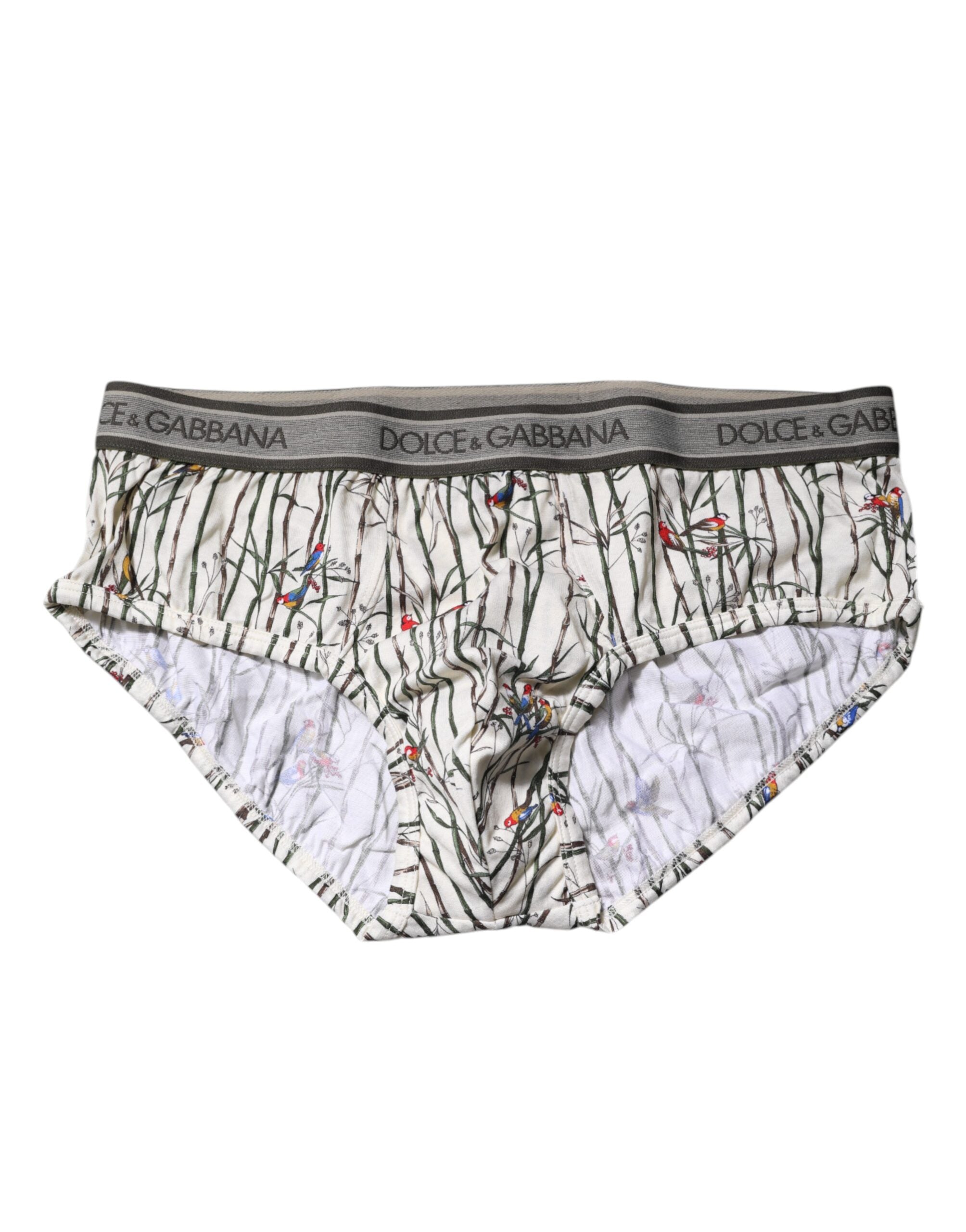 Dolce & Gabbana Elfenbeinfarbener Vogel-Druck Baumwolle Regular Slip Unterwäsche