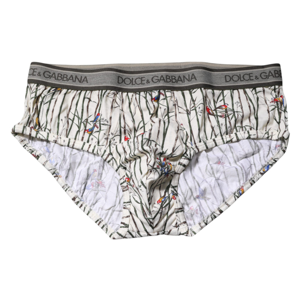 Dolce & Gabbana Elfenbeinfarbener Vogel-Druck Baumwolle Regular Slip Unterwäsche