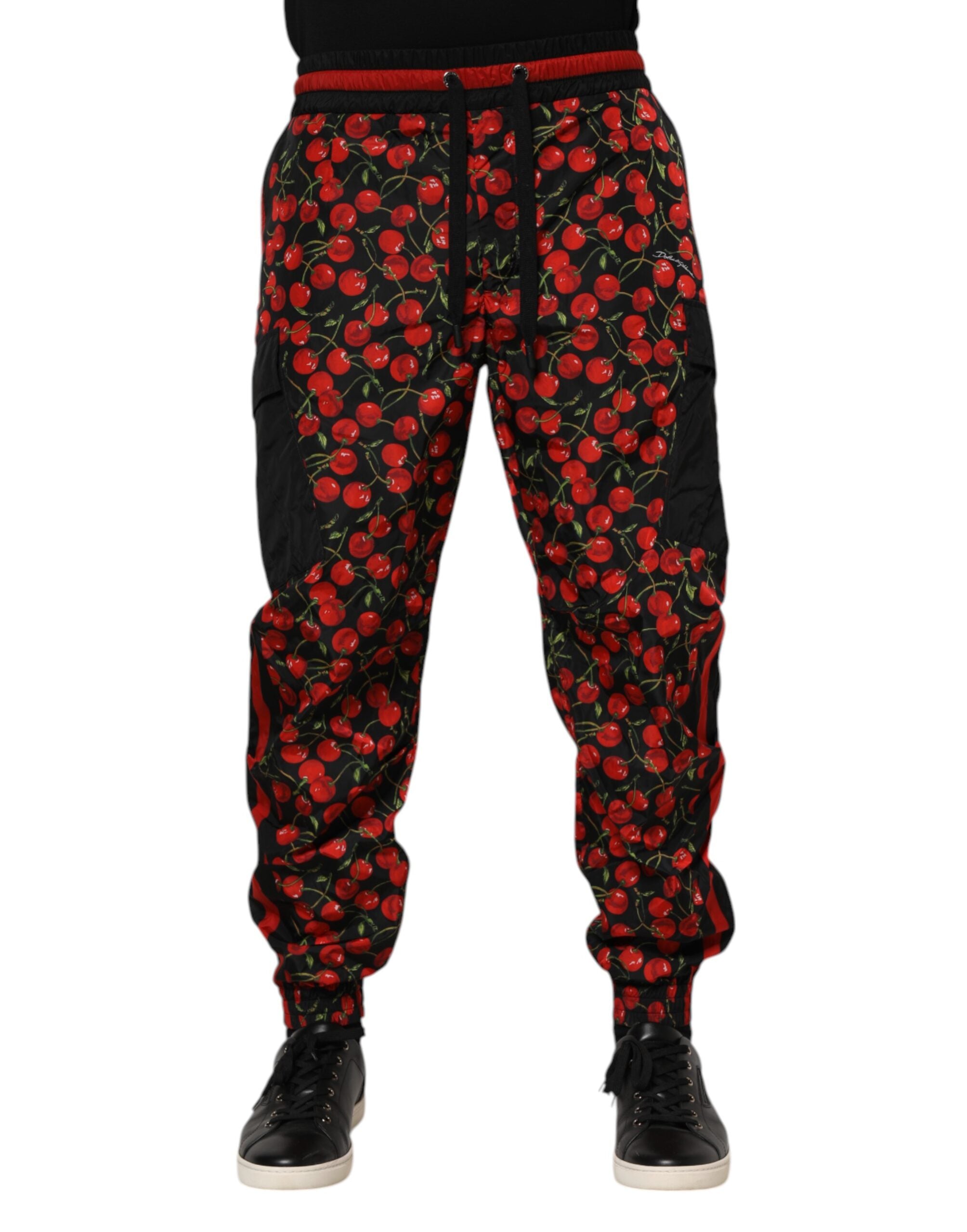 Dolce & Gabbana Schwarz Rot Kirsche Print Männer Sweatpants Hosen