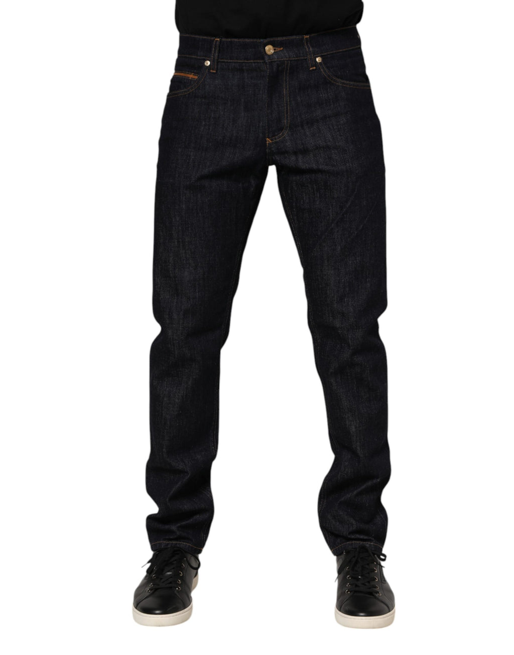 Dolce & Gabbana Dunkelblaue Baumwolle Logo Plaque Männer Denim Jeans