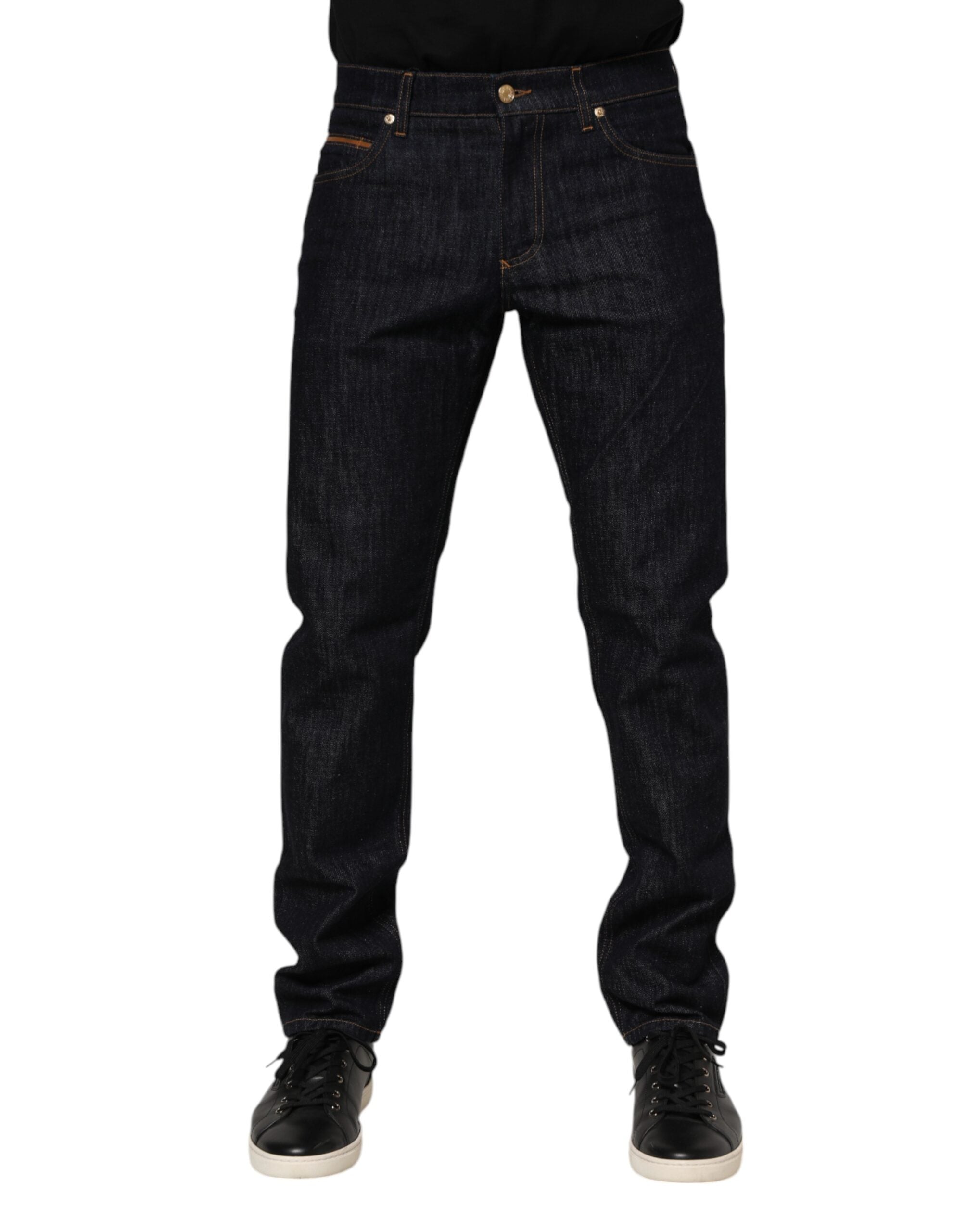 Dolce & Gabbana Dunkelblaue Baumwolle Logo Plaque Männer Denim Jeans