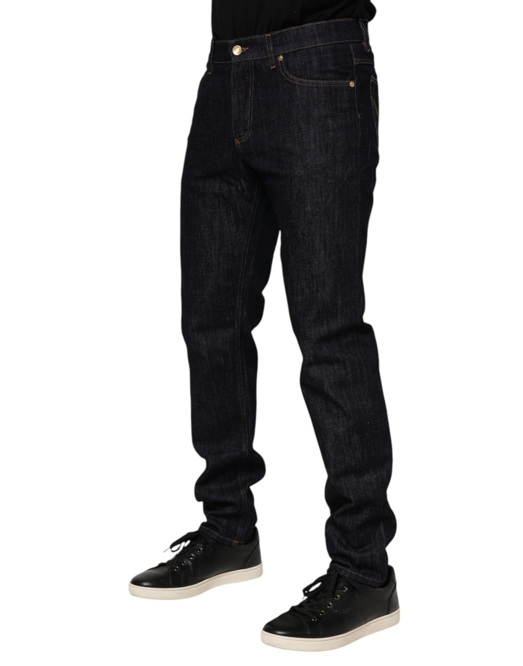 Dolce & Gabbana Dunkelblaue Baumwolle Logo Plaque Männer Denim Jeans