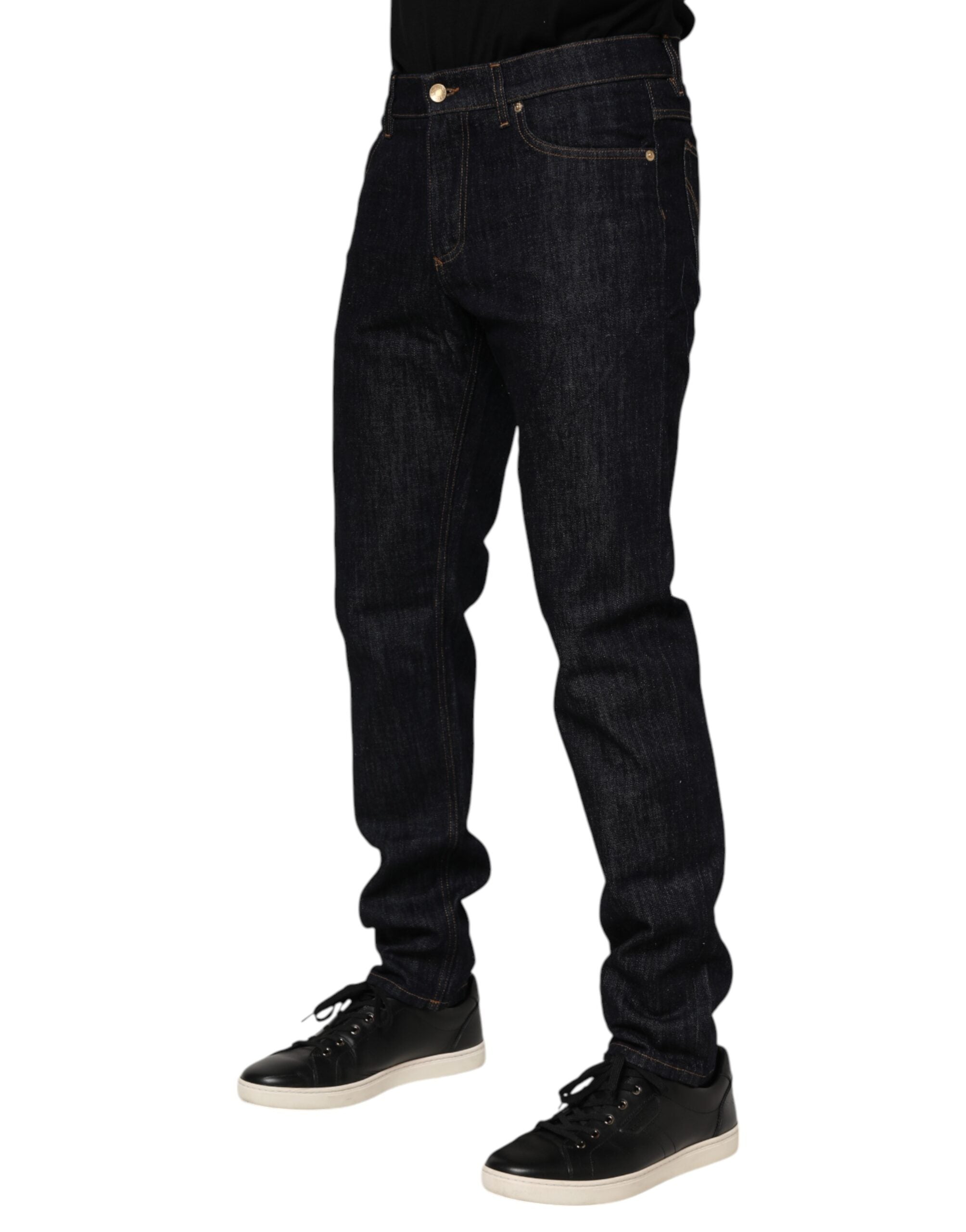 Dolce & Gabbana Dunkelblaue Baumwolle Logo Plaque Männer Denim Jeans