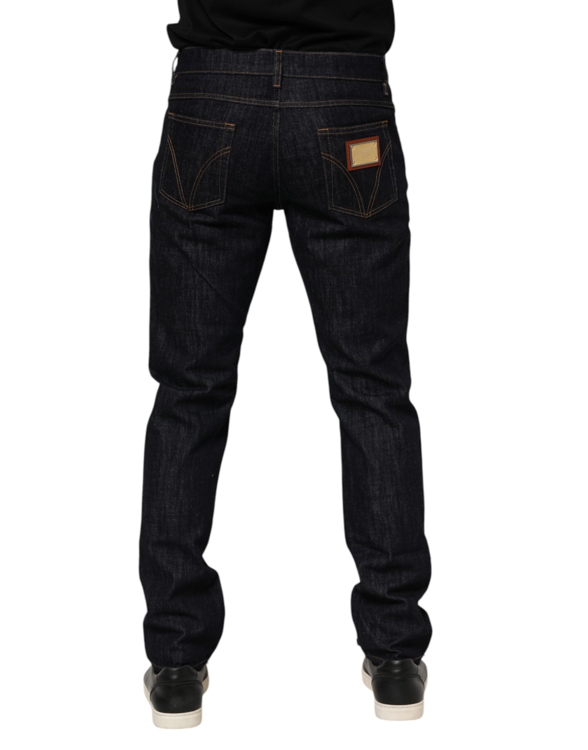 Dolce & Gabbana Dunkelblaue Baumwolle Logo Plaque Männer Denim Jeans