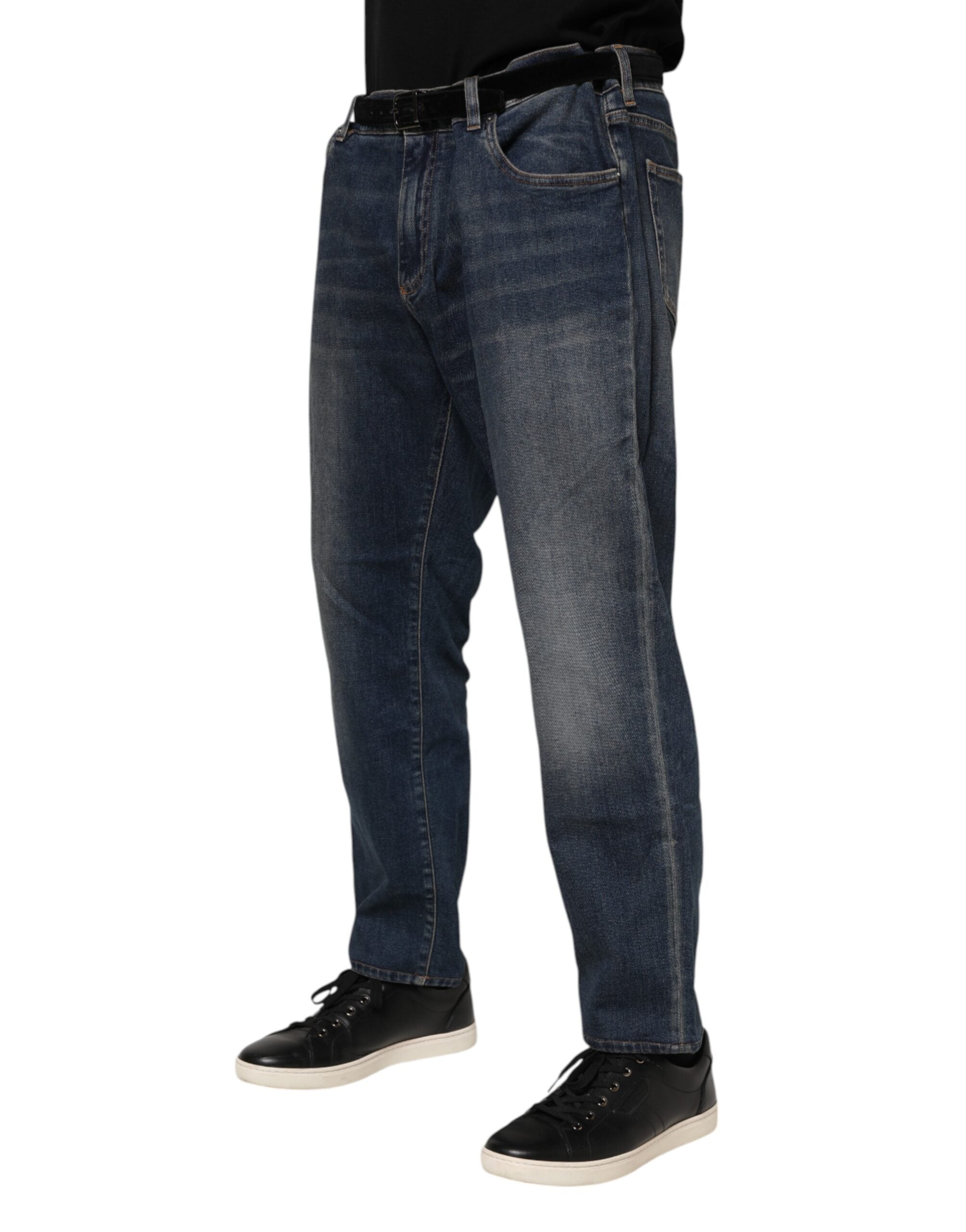 Dolce & Gabbana Blaue Baumwolle Logo Plaque Slim Denim Jeans