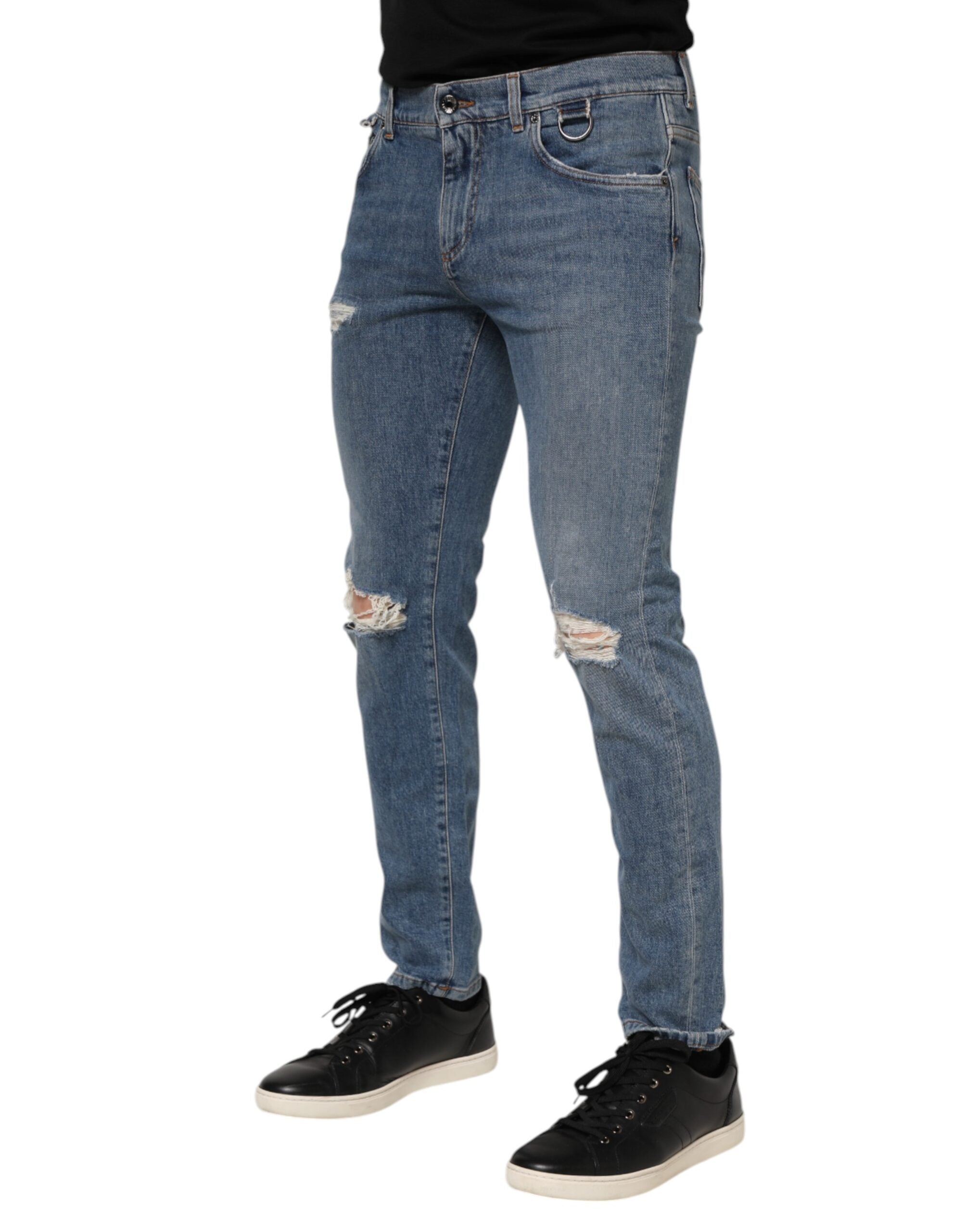 Dolce & Gabbana Blaue zerschlissene Skinny Logo Denim Jeans aus Baumwolle