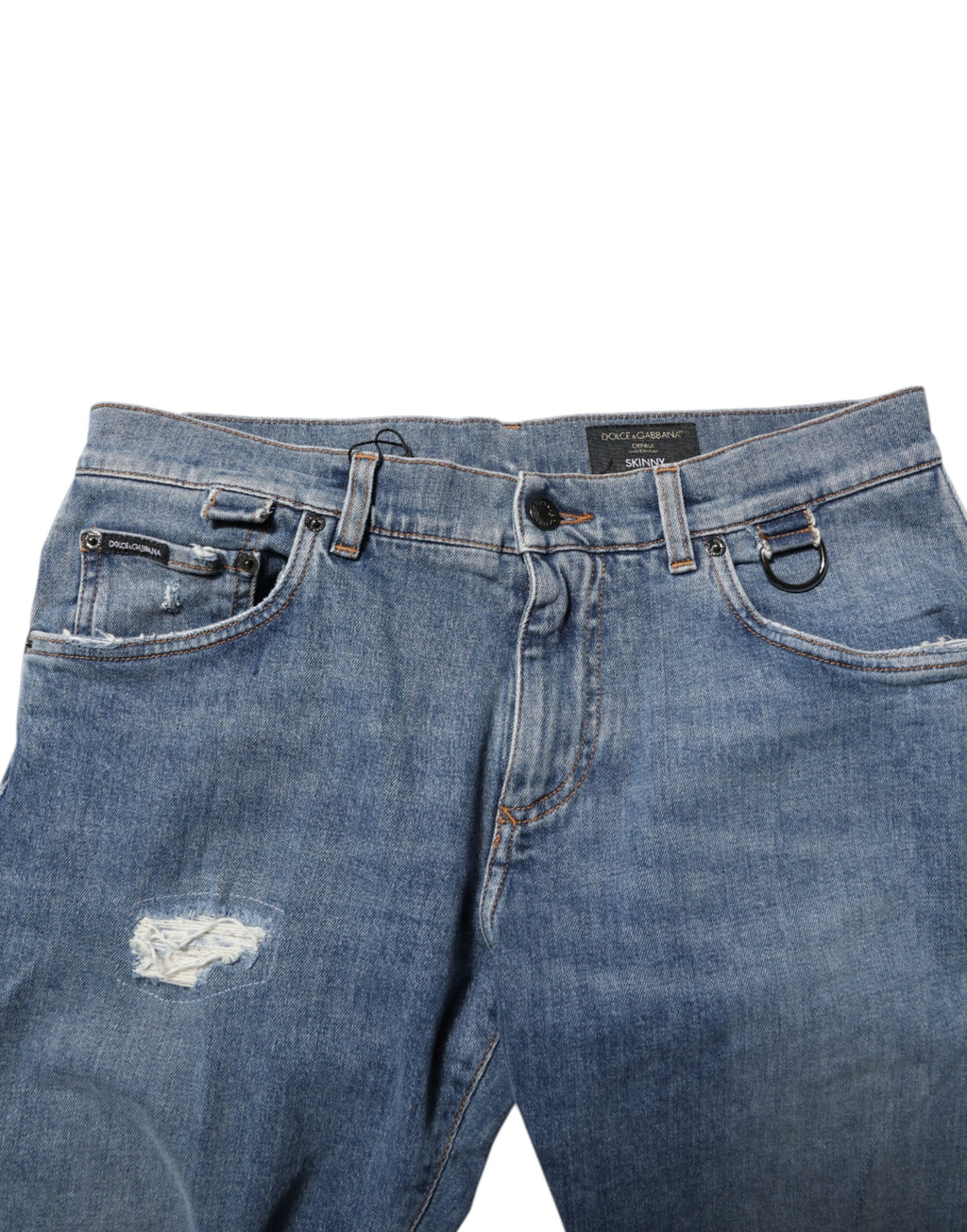 Dolce & Gabbana Blaue zerschlissene Skinny Logo Denim Jeans aus Baumwolle