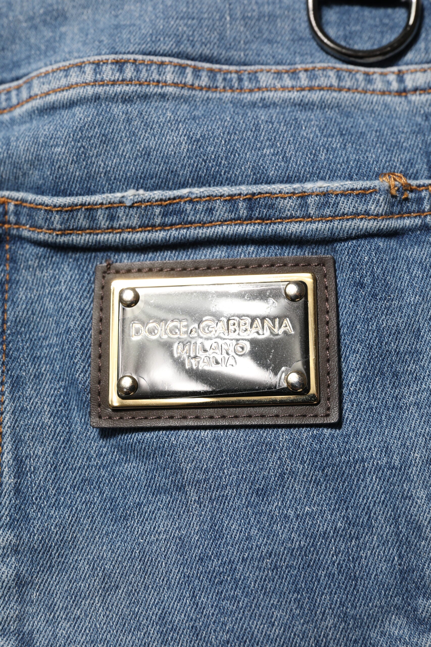 Dolce & Gabbana Blaue zerschlissene Skinny Logo Denim Jeans aus Baumwolle