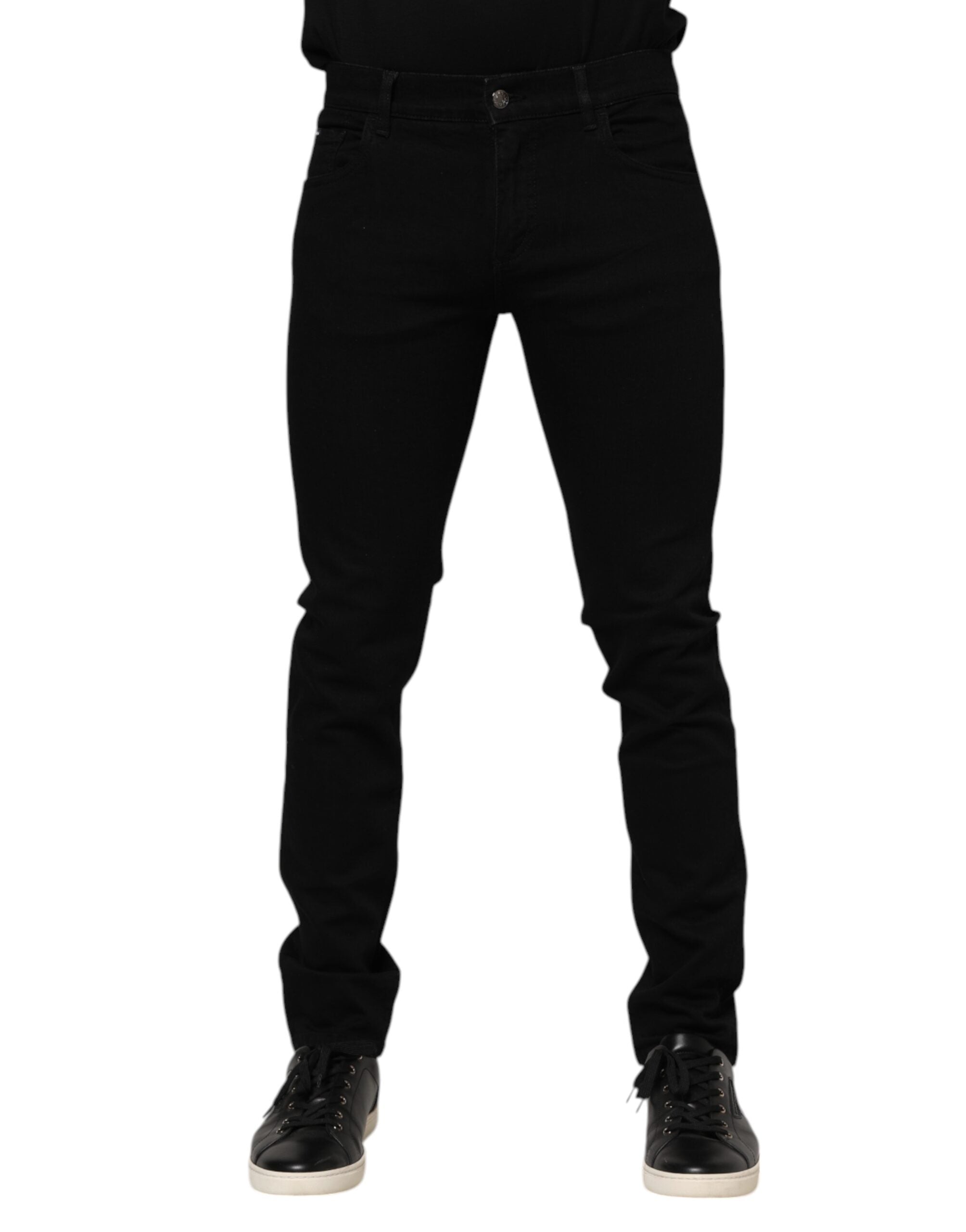 Dolce & Gabbana Dunkelblaue Baumwoll-Logo-Plakette GOLD Denim Jeans