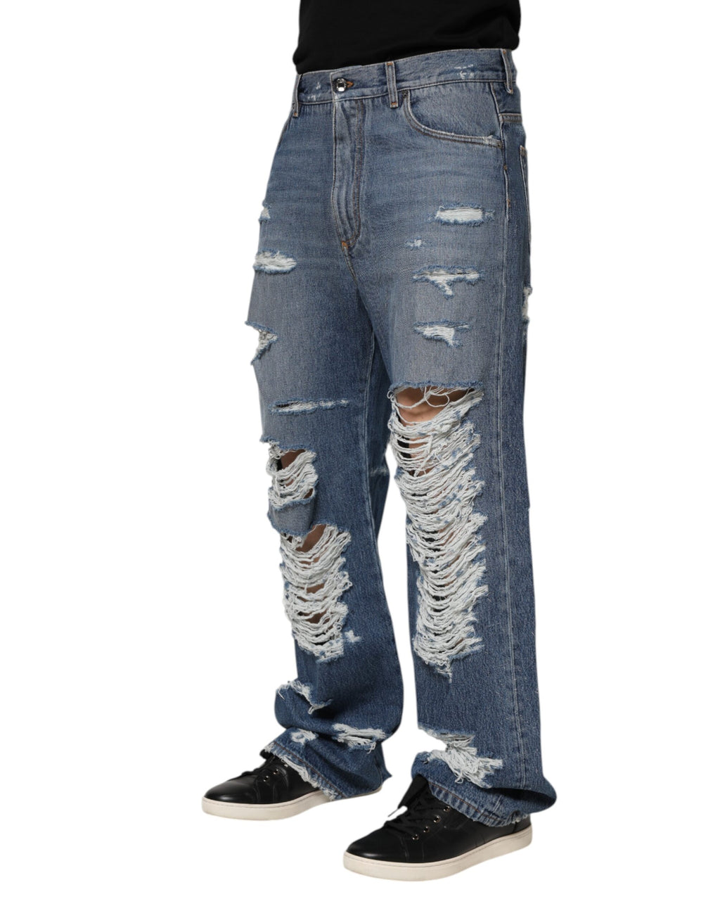 Dolce & Gabbana Blaue zerfledderte Baumwoll-Logo-Plakette Denim-Jeans