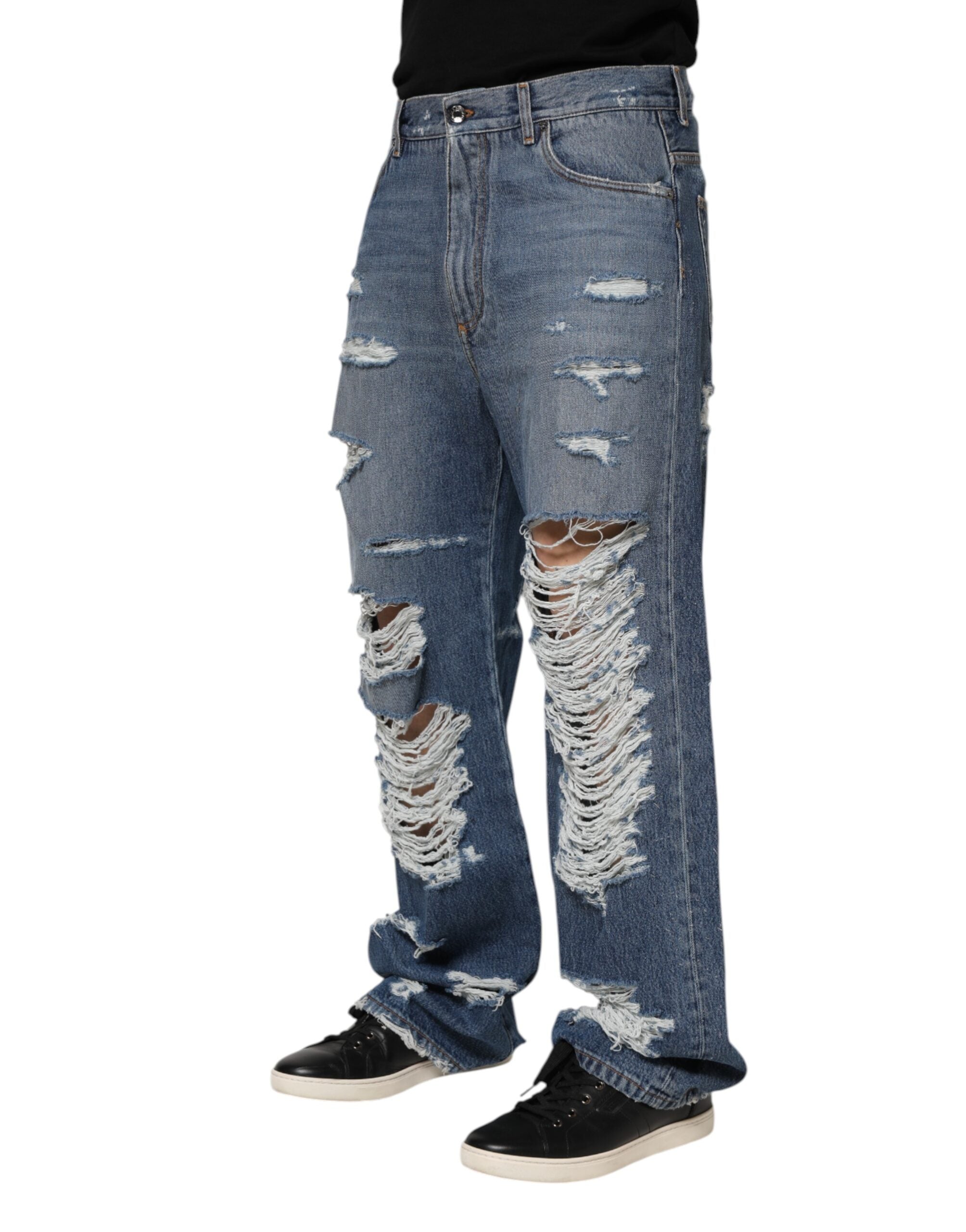 Dolce & Gabbana Blaue zerfledderte Baumwoll-Logo-Plakette Denim-Jeans
