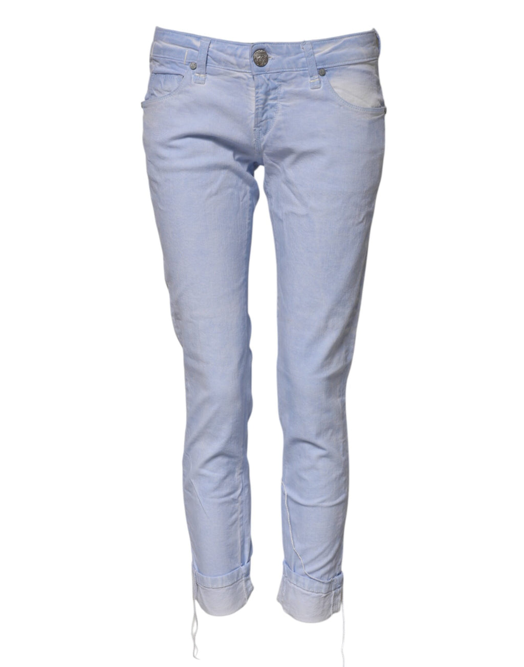 Acht Hellblaue Slim Fit Denim-Jeans aus Baumwolle mit niedriger Taille