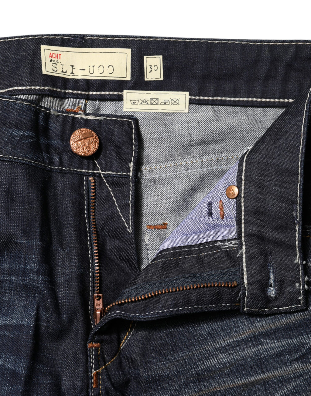 Acht Blaue Denim-Jeans mit mittlerer Taille aus gewaschener Baumwolle