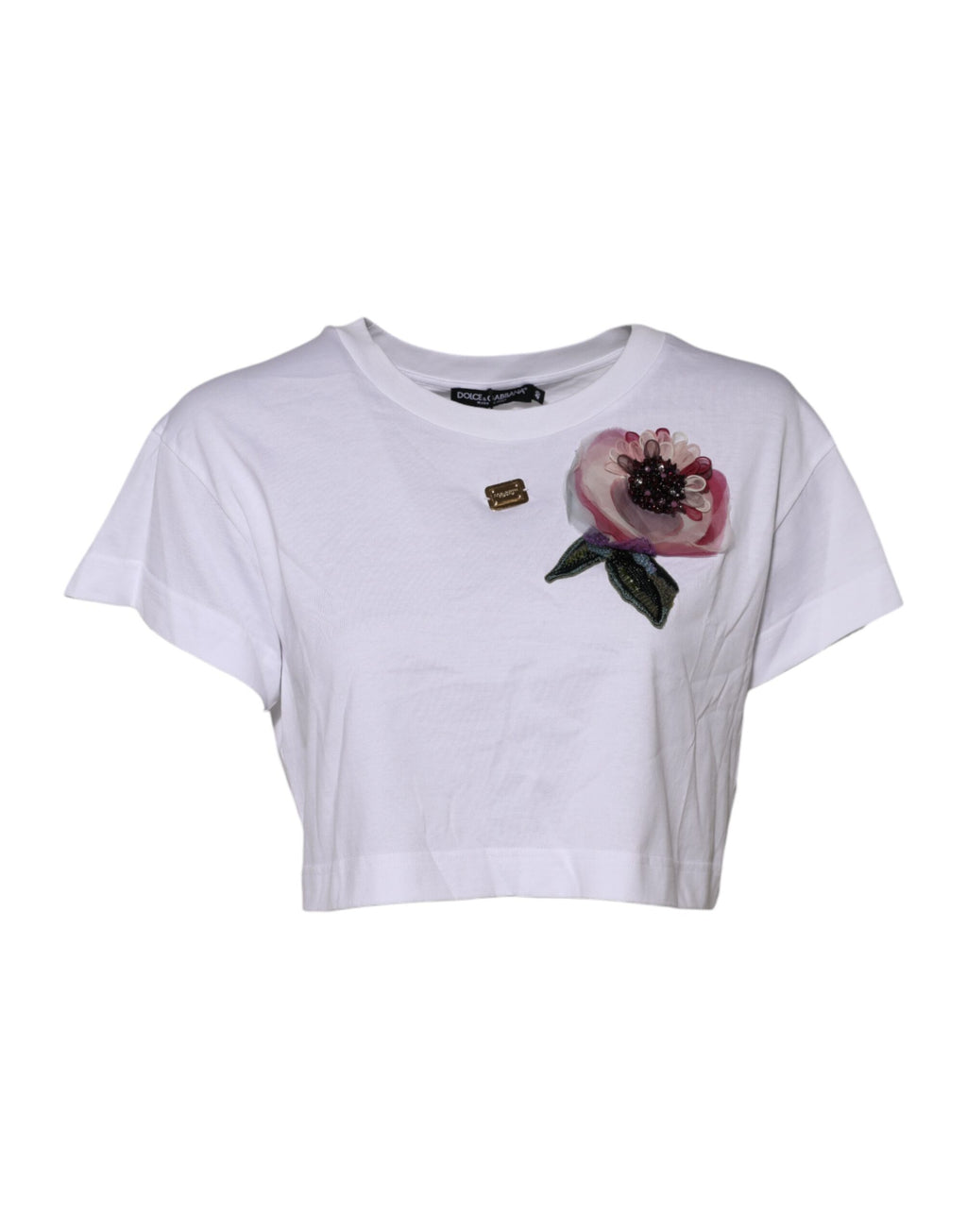Dolce & Gabbana Weißes T-Shirt mit geblümter Spitze und DG-Details