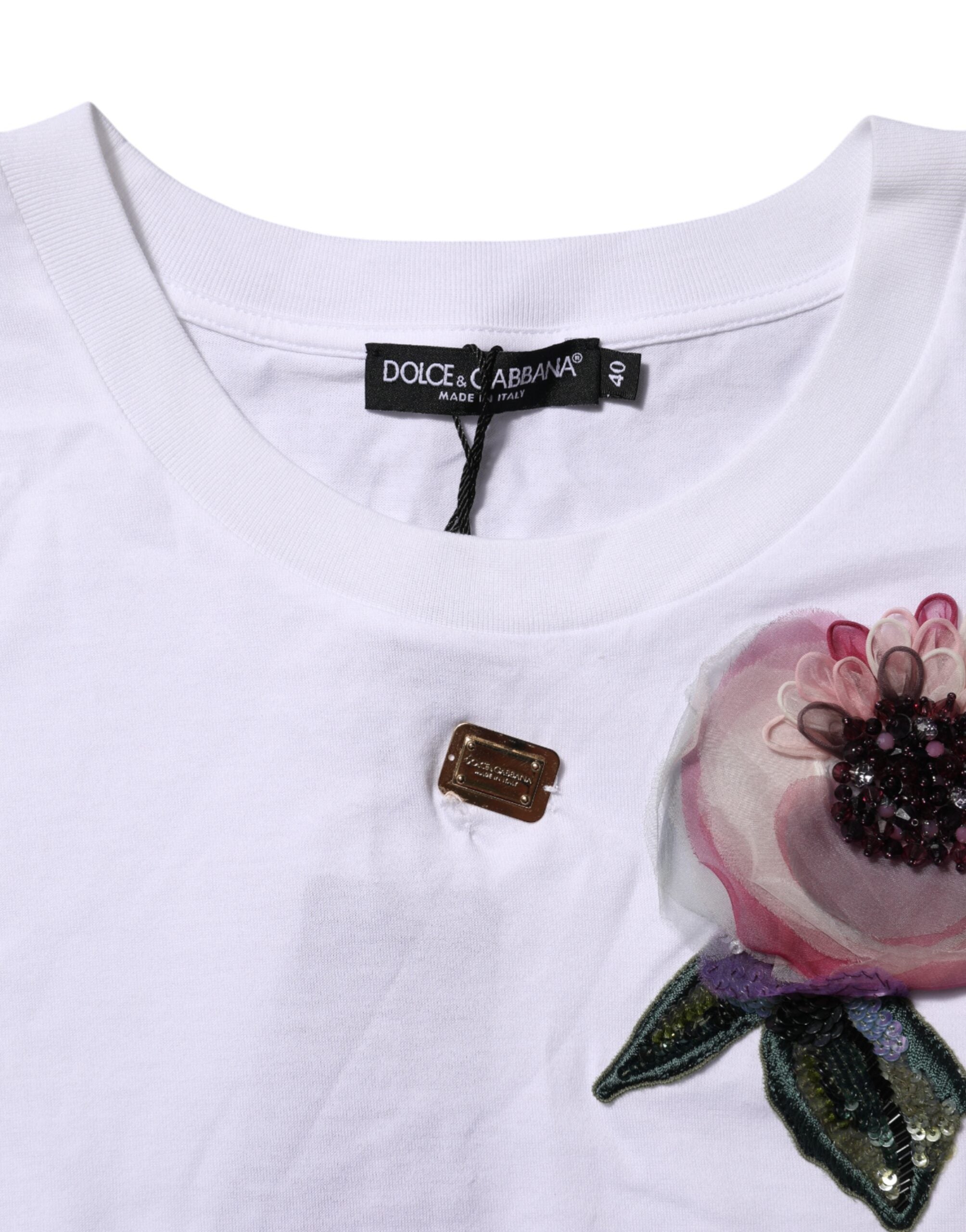 Dolce & Gabbana Weißes T-Shirt mit geblümter Spitze und DG-Details