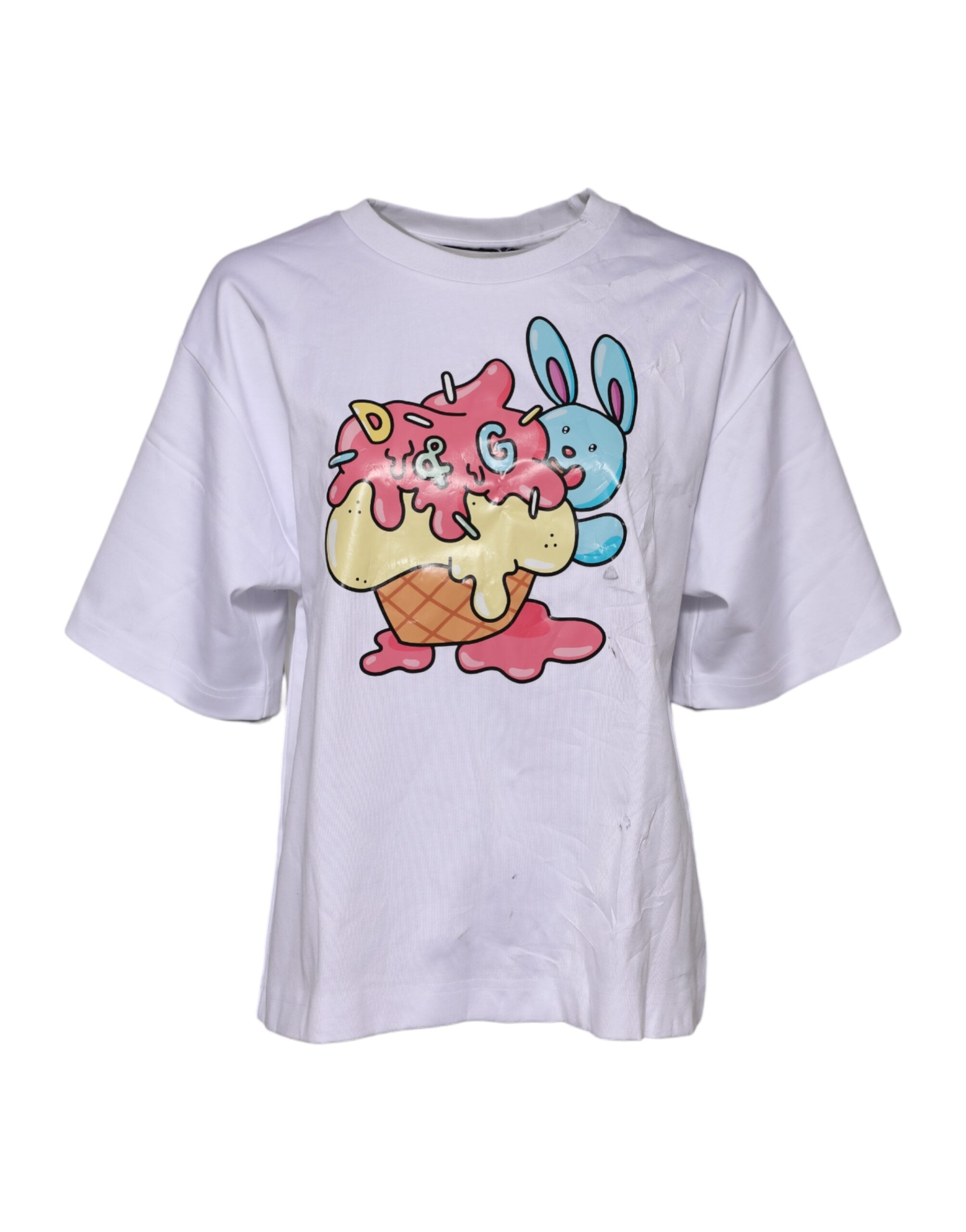 Dolce & Gabbana Weißes T-Shirt mit Rundhalsausschnitt und Grafikdruck aus Baumwolle