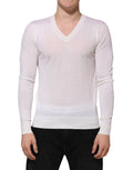 Dolce & Gabbana White Cashmere Logo V-neck Pullover Sweater