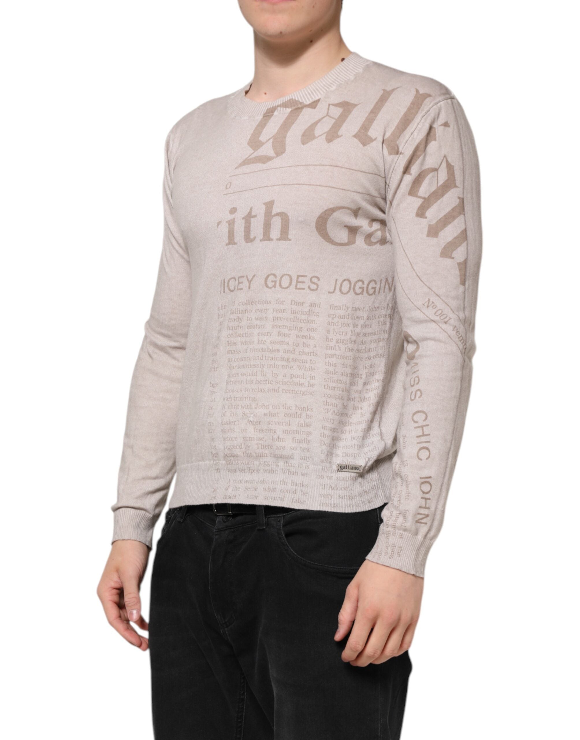 John Galliano Beige Bedrucktes Logo Rundhalsausschnitt Langarm Männer Pullover