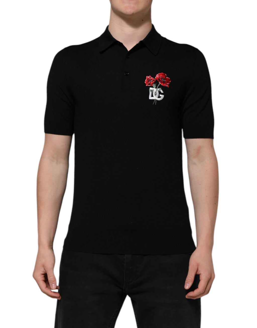 Dolce & Gabbana Schwarzes Wolle DG Logo Rose Polo T-Shirt mit Kragen
