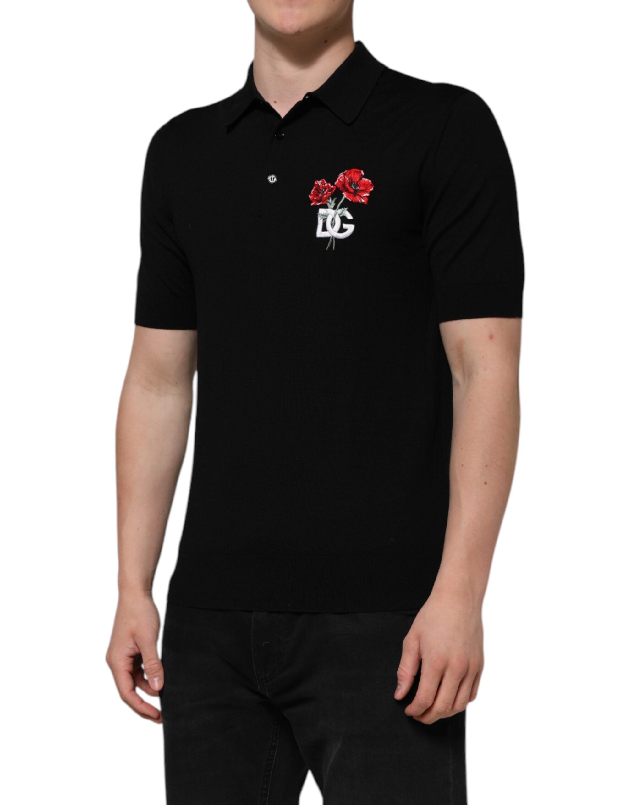 Dolce & Gabbana Schwarzes Wolle DG Logo Rose Polo T-Shirt mit Kragen