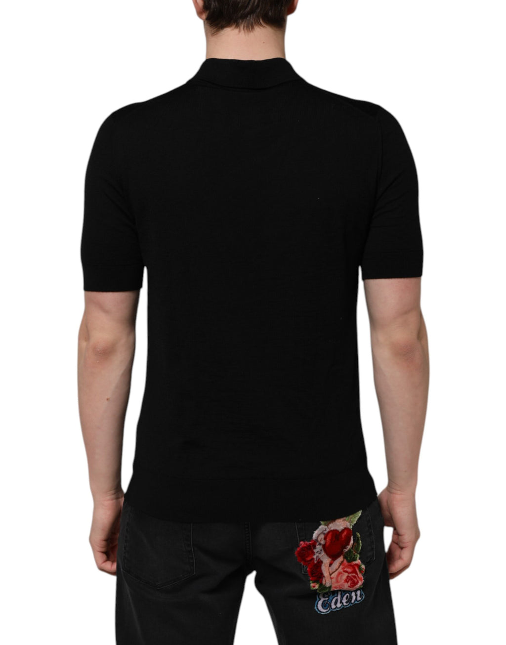Dolce & Gabbana Schwarzes Wolle DG Logo Rose Polo T-Shirt mit Kragen