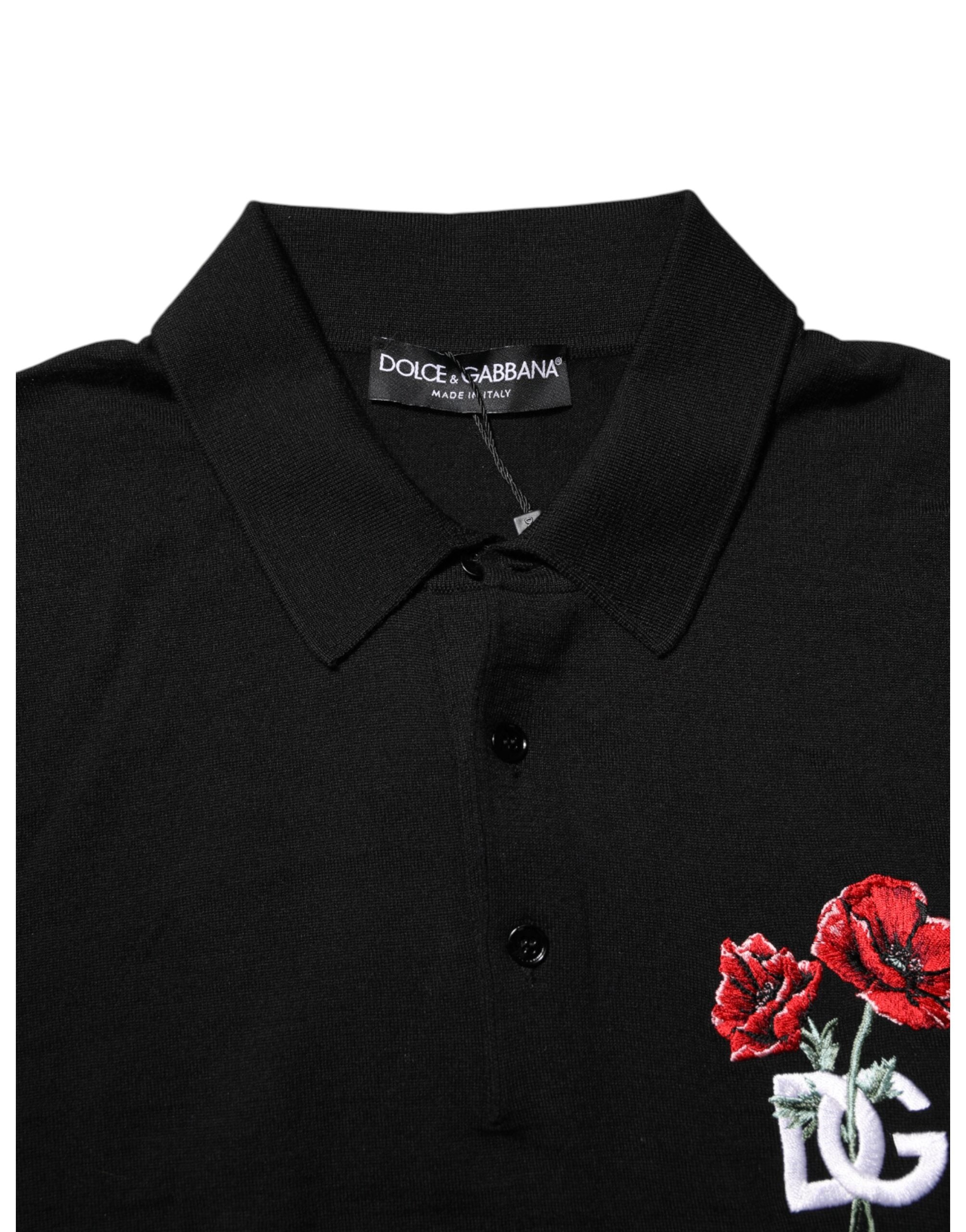 Dolce & Gabbana Schwarzes Wolle DG Logo Rose Polo T-Shirt mit Kragen