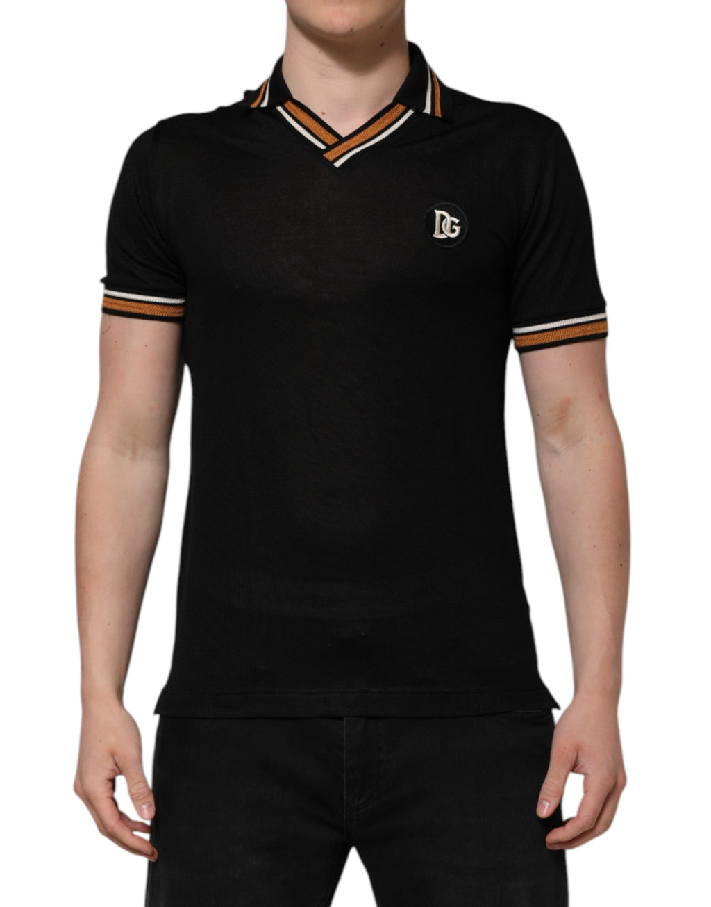 Dolce & Gabbana Schwarzes DG Seide V-Ausschnitt Polo-Shirt mit Kragen für Männer