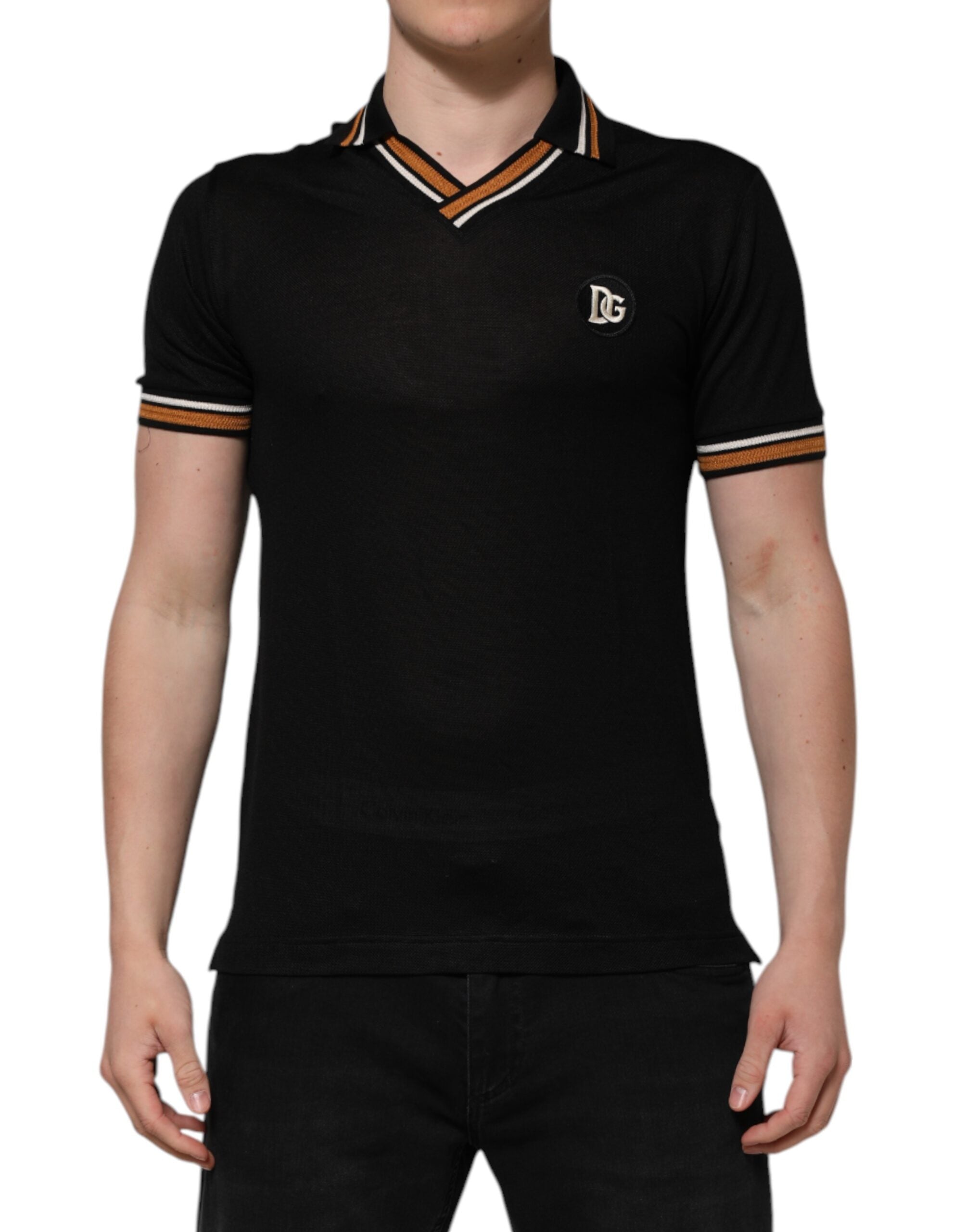 Dolce & Gabbana Schwarzes DG Seide V-Ausschnitt Polo-Shirt mit Kragen für Männer