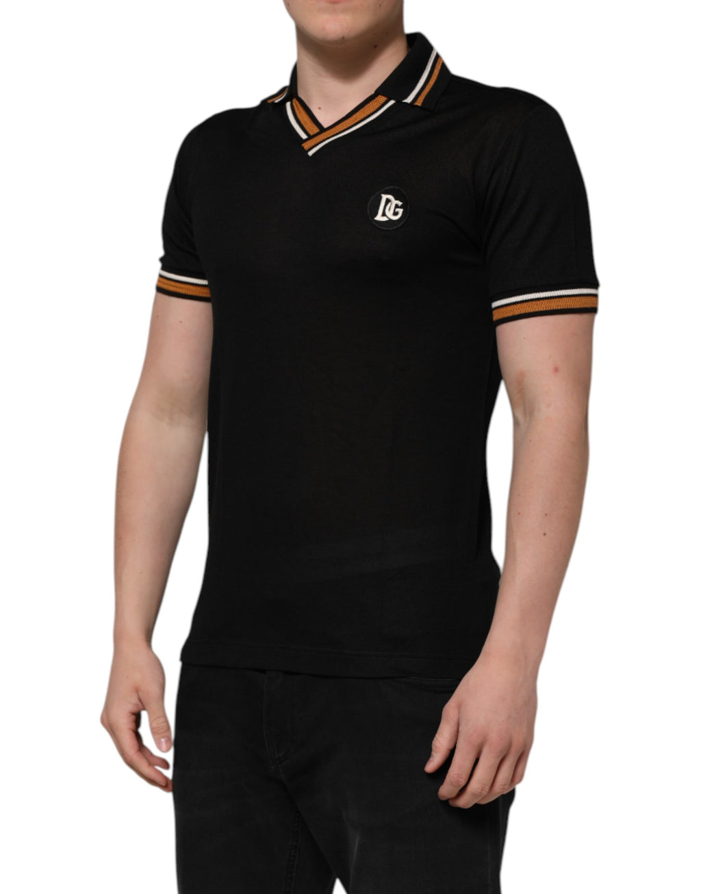 Dolce & Gabbana Schwarzes DG Seide V-Ausschnitt Polo-Shirt mit Kragen für Männer