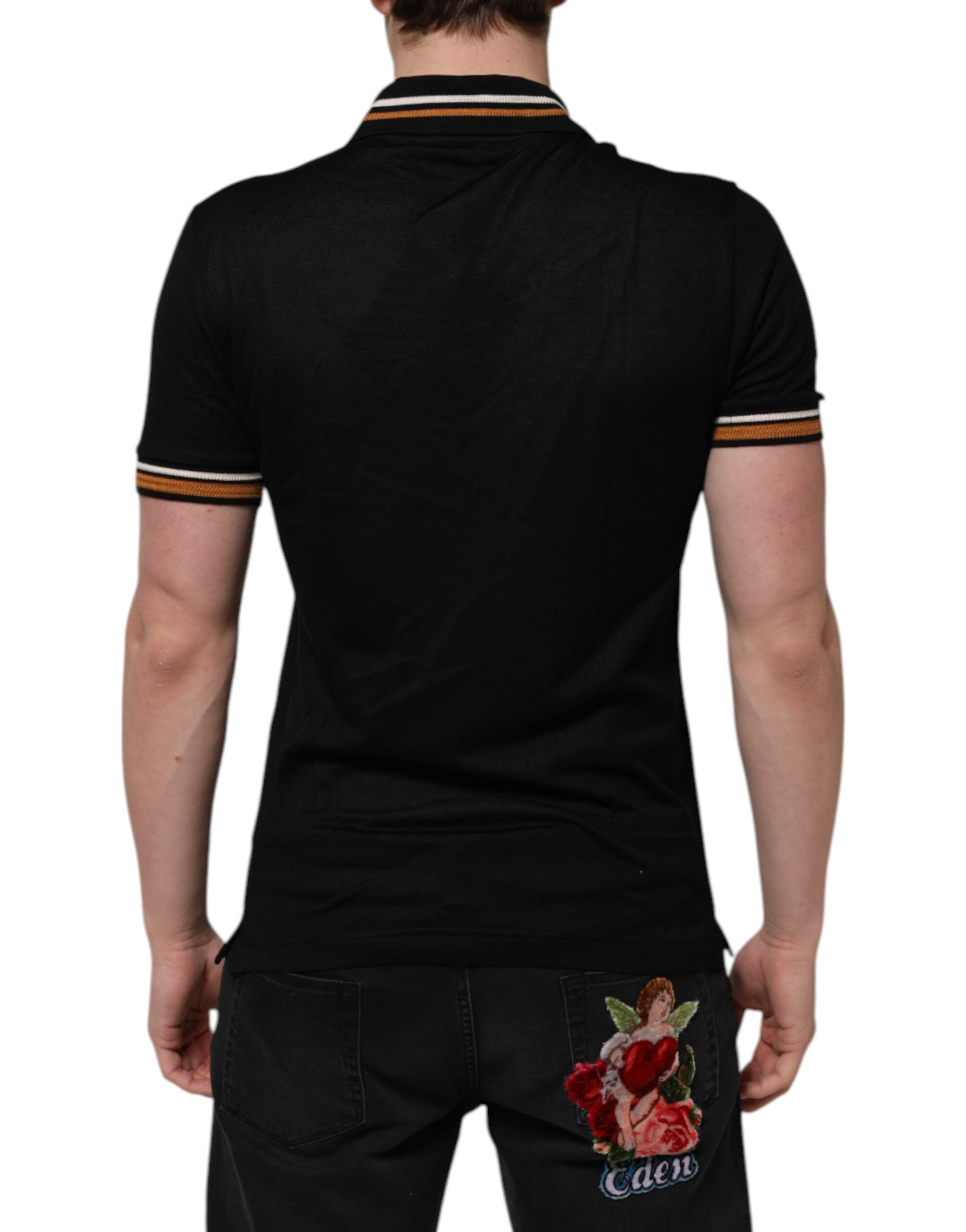 Dolce & Gabbana Schwarzes DG Seide V-Ausschnitt Polo-Shirt mit Kragen für Männer