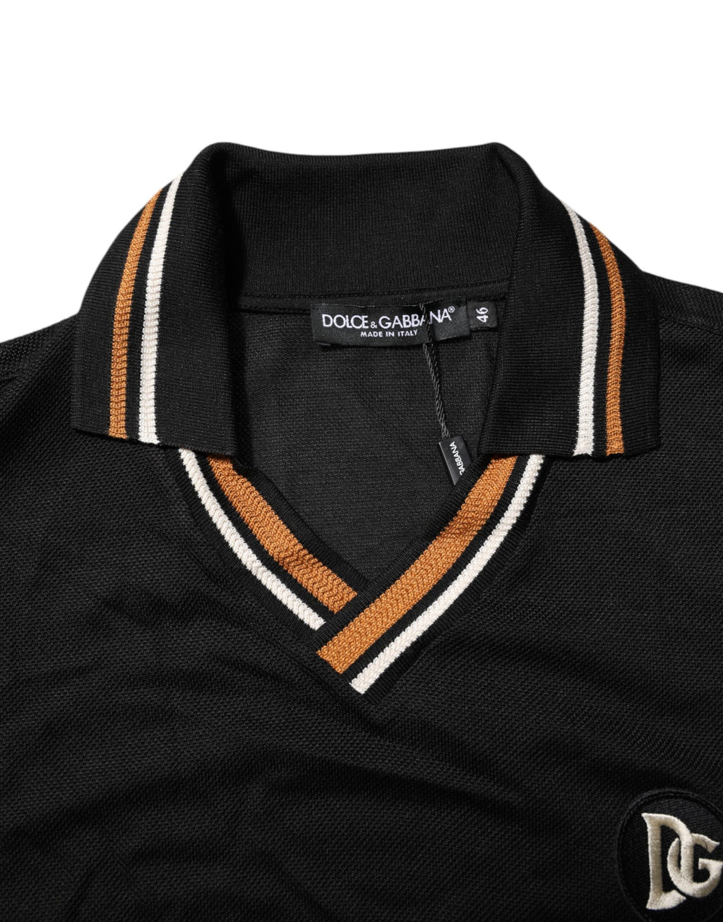 Dolce & Gabbana Schwarzes DG Seide V-Ausschnitt Polo-Shirt mit Kragen für Männer