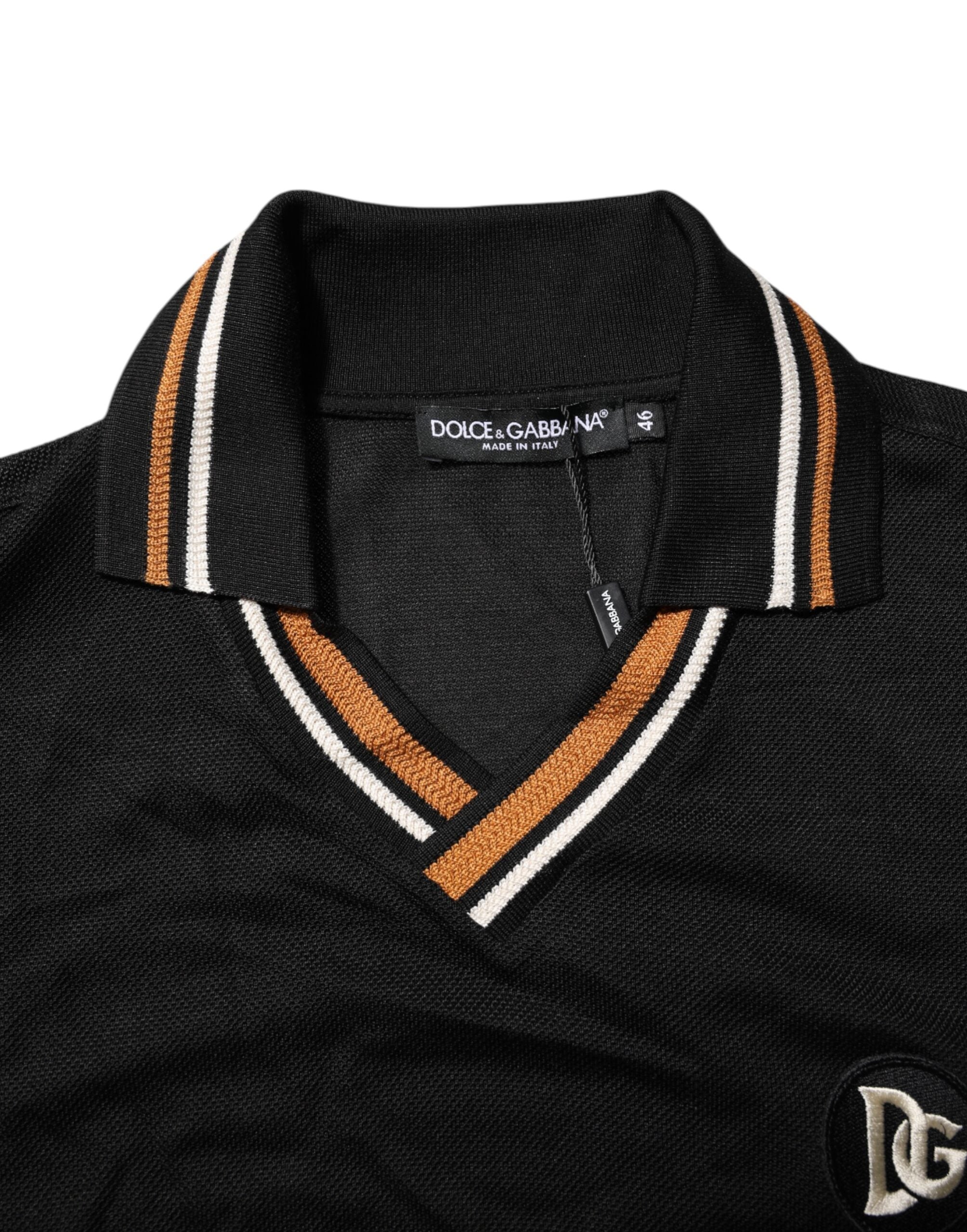 Dolce & Gabbana Schwarzes DG Seide V-Ausschnitt Polo-Shirt mit Kragen für Männer