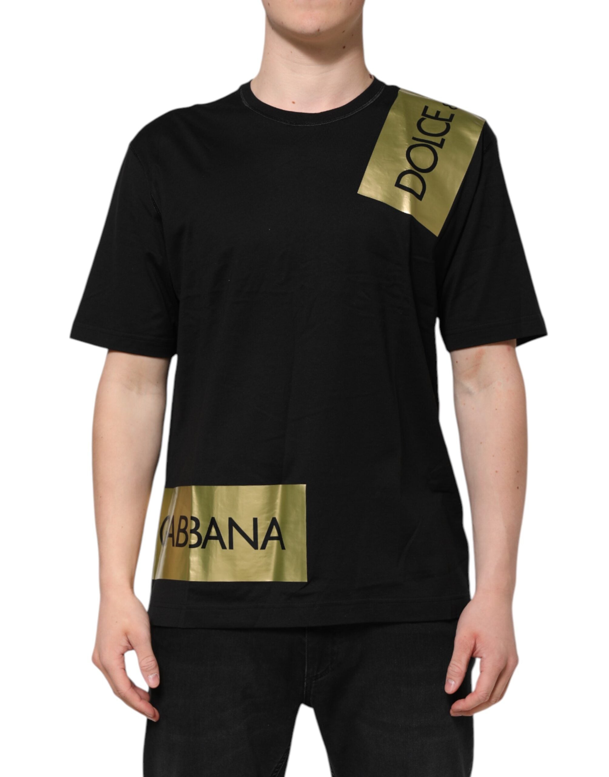 Dolce & Gabbana Schwarzes Logo Tape Baumwolle Herren T-Shirt mit Rundhalsausschnitt