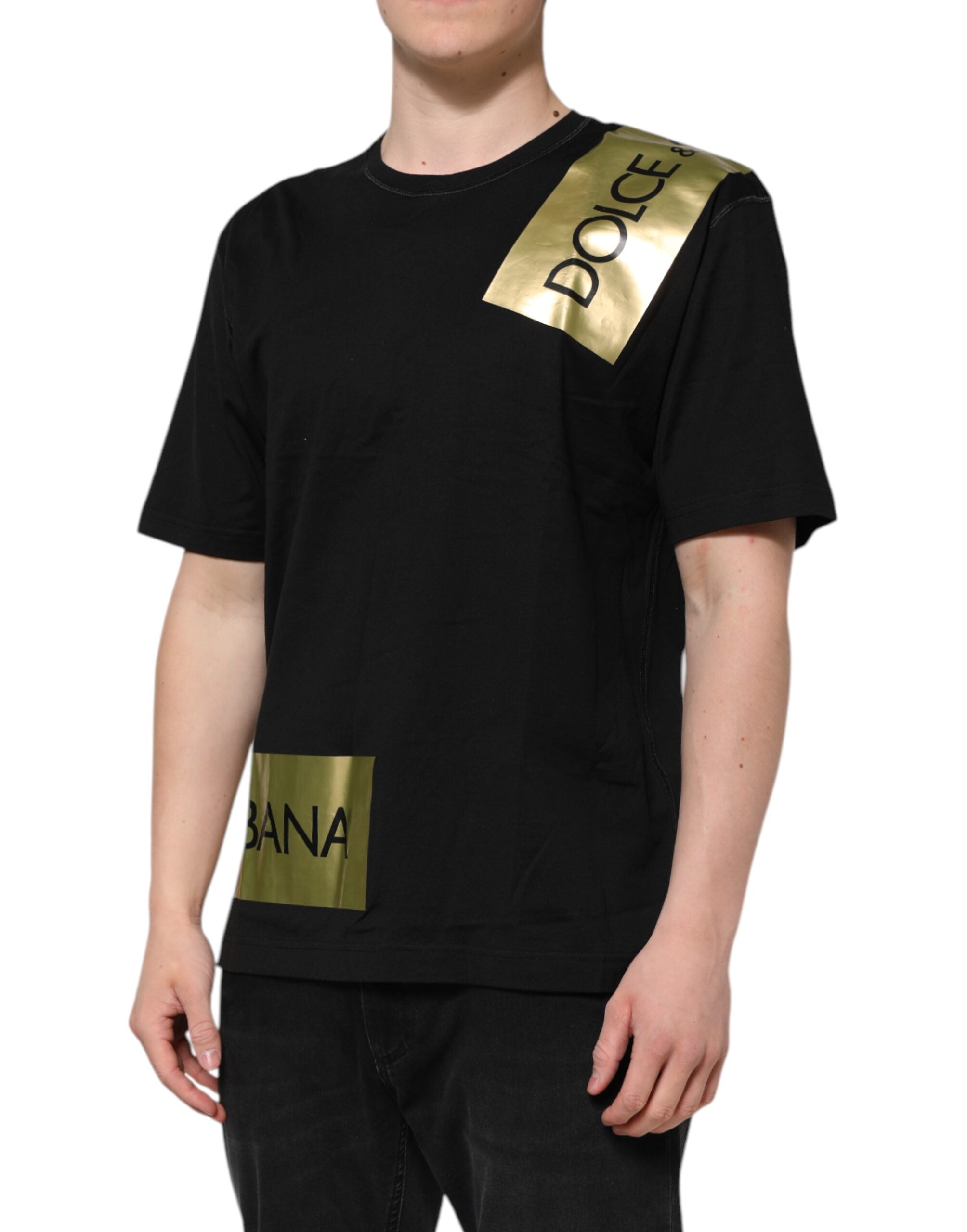 Dolce & Gabbana Schwarzes Logo Tape Baumwolle Herren T-Shirt mit Rundhalsausschnitt