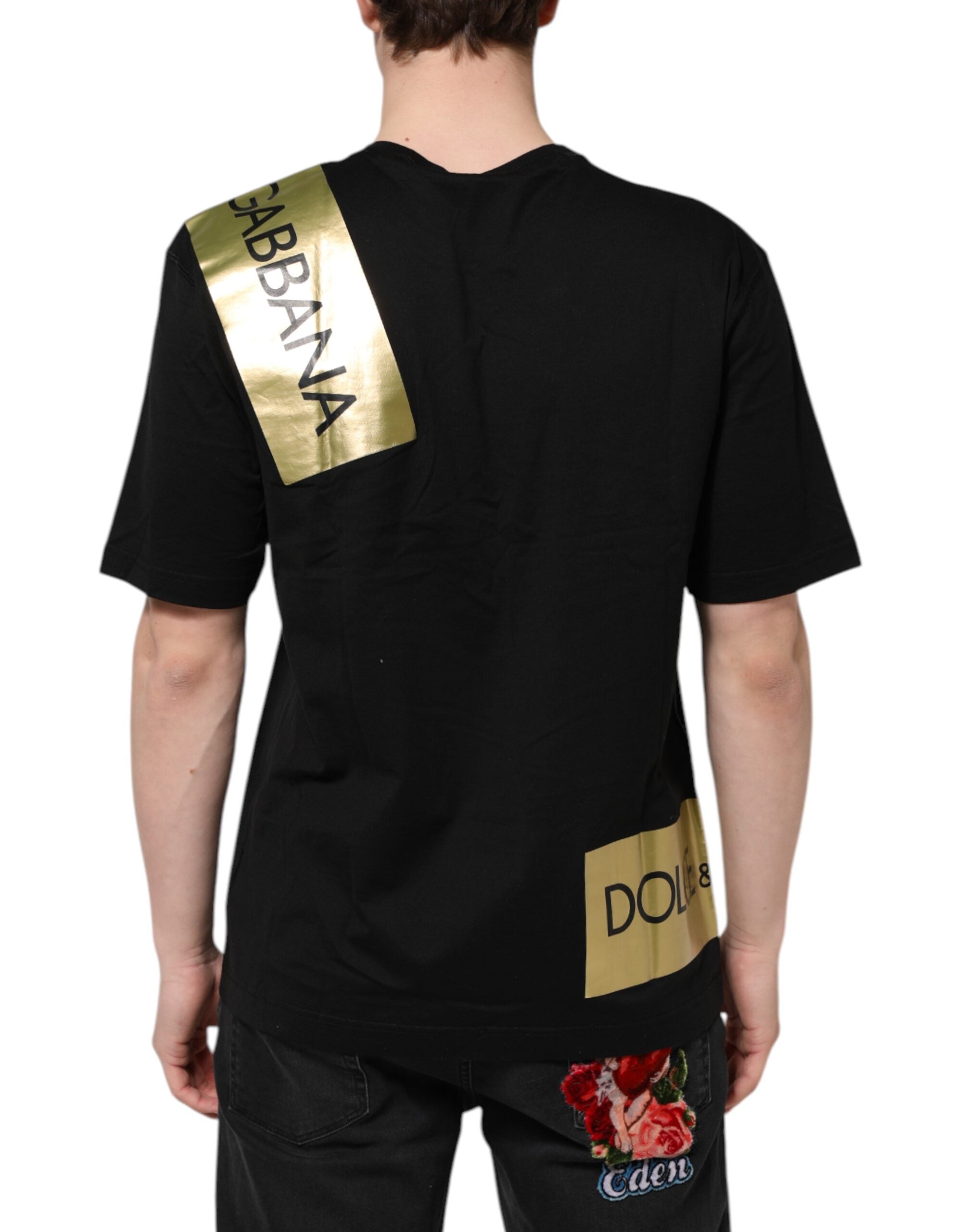 Dolce & Gabbana Schwarzes Logo Tape Baumwolle Herren T-Shirt mit Rundhalsausschnitt